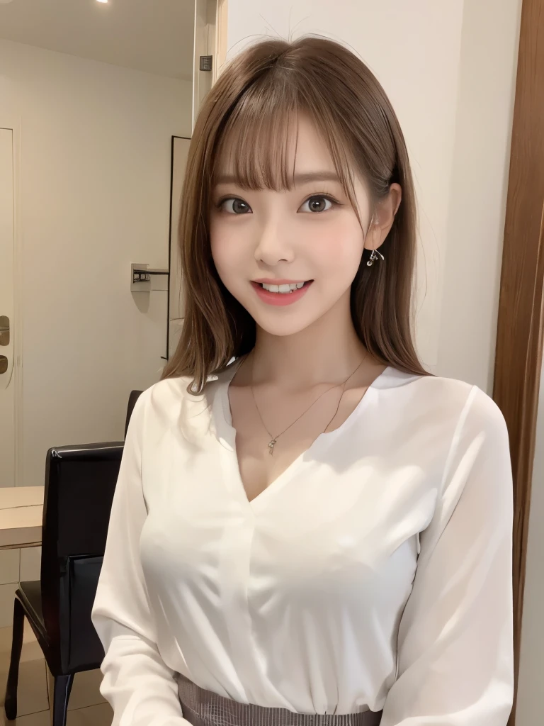 A beautiful Japanese shy girl, 18 years old, short brown hair, brown big eyes, shiny lip, shiny hair, ecstatic expression, in living room, in front of door, dining room, The background is very blurry, wearing suit over white blouse, gray skirt, wearing neckless,