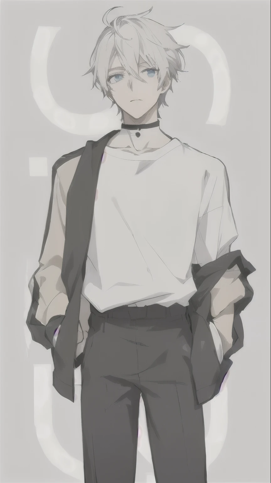 a drawing of a man in a white shirt and black pants, male anime style, subtle anime style, in an anime style, wearing a baggy, jk uniform, wearing casual clothes, as an anime character, tall anime guy with blue eyes, smol, delicate androgynous prince, clean detailed anime style, with clothes on, handsome anime pose, style anime