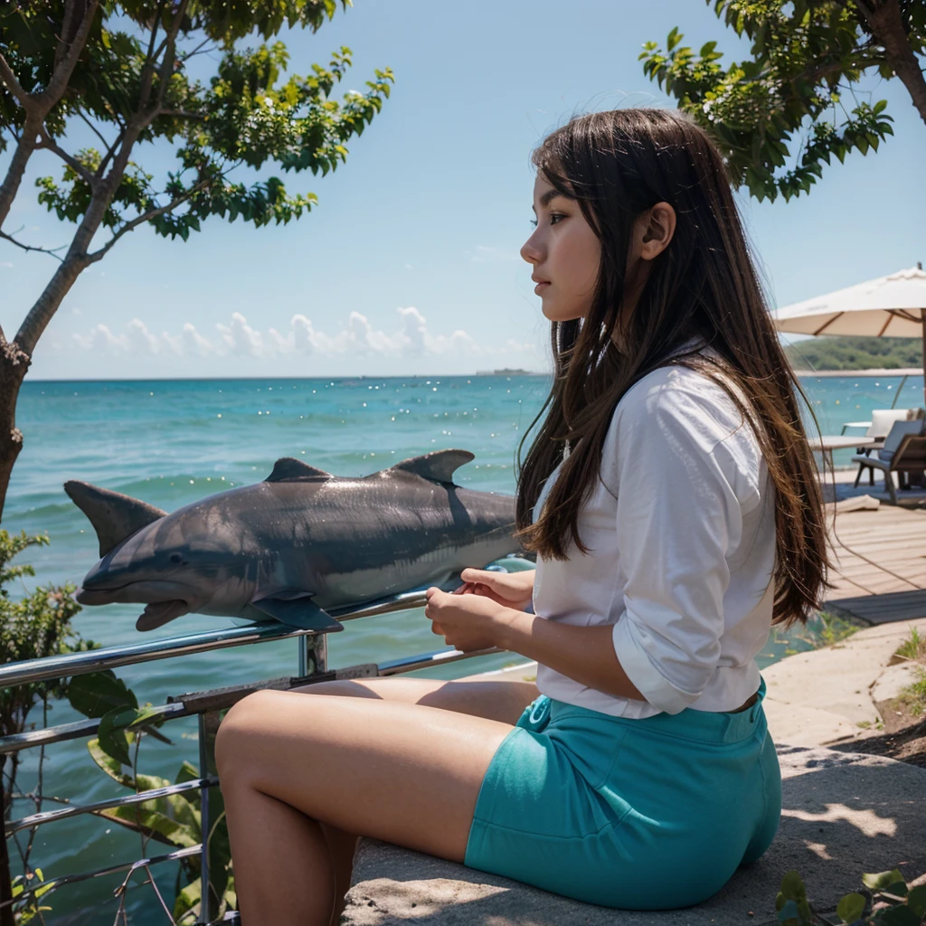 a girl on the shore with beautiful trees communicates with a dolphin