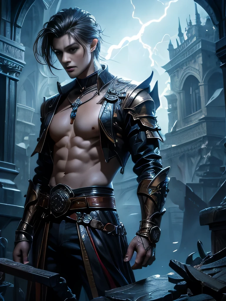 Beautiful fantasy,Fantasy Costume,8k high quality detailed art,Young Man,Beautiful person,fortune teller,Collapsed tower,breast enhancement,lightning