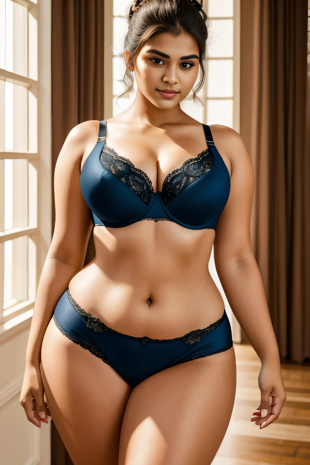 A 20-year-old woman posing for a school photo in a school masterpiece, with a photorealistic rendering that enhances the best quality and beautiful lighting effects. Her name is Eleanor, a Marathi woman with a graceful appearance. She has a round and firm chest with big 44M size breasts, which adds uniqueness to her plus-size modeling charm. Her hair is styled in a bun, and the hair lifts the skirt up slightly, revealing her confidence and style. She is wearing a flattering bra and panty set that complements her curves perfectly. The overall composition of the image focuses on capturing the beauty and elegance of Eleanor, making it a stunning and captivating portrait.