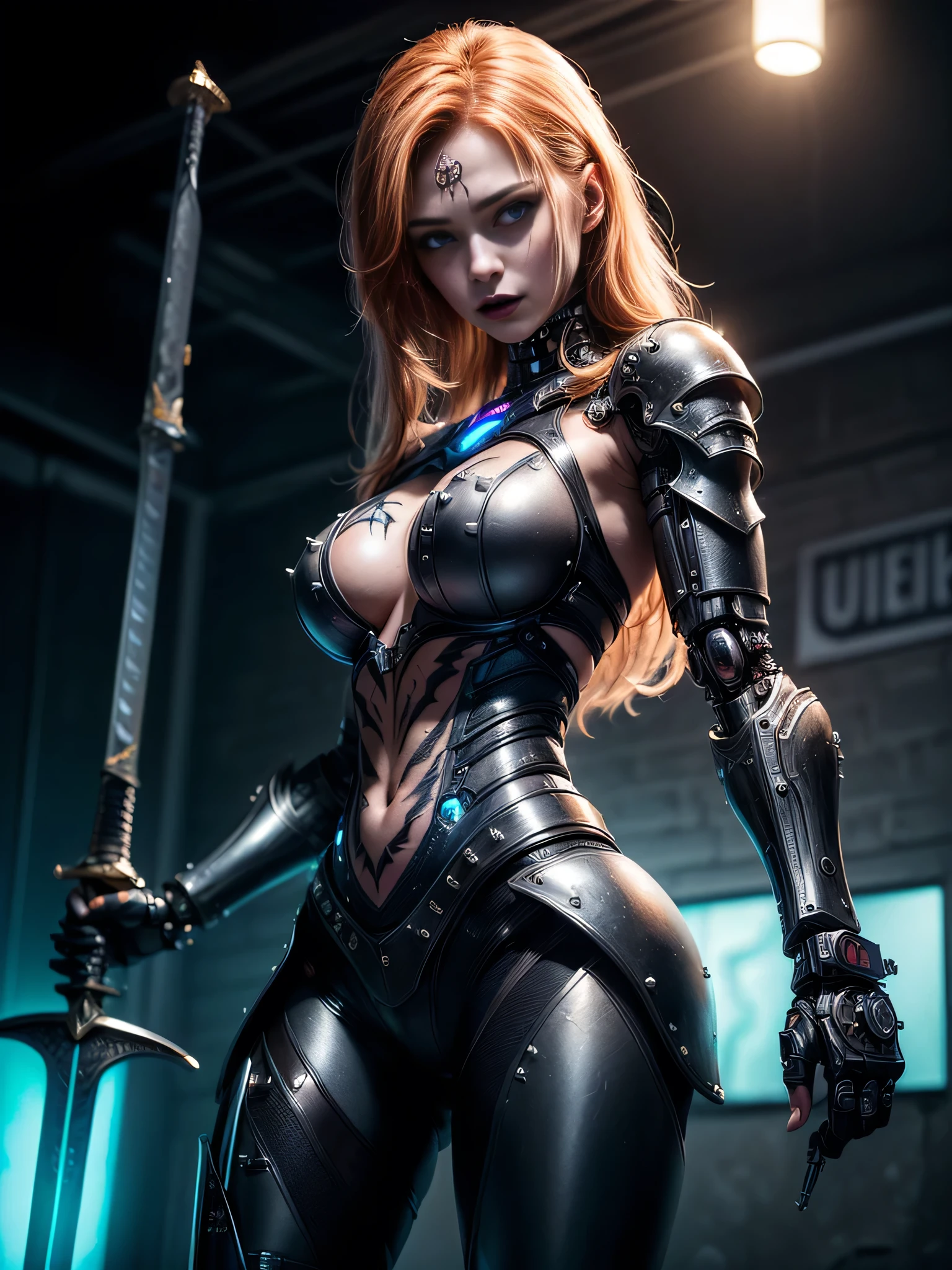 ((best quality: 1.5, masterpiece :1.2, Intricate:1.3)), intricate details, professional, real life, (((solo, 1girl) muscular, (mysterious expression, black lipstick, ((cyborg, mechanical arms, cybernetic))))), bright glow, dynamic pose, dark room, dark background, black background, solo, (((smirking, (blackout eyeshadow, cleft chin, iceblue eyes, [blonde hair:bright ginger hair:0.5], [flat chest:medium breasts:0.7])))), (freckles: 0.9), ((fujicolor, film grain)), (((((futuristic black chrome lacquered armor, (rivets, underboob, side:1.0, below:1.2, sword, sad, (tattoo:1.1)), photorealistic:1.4, metal reflections, bokeh)), professional lighting, photon mapping, radiosity, physically based rendering, ultra resolution, hyper-realistic)))