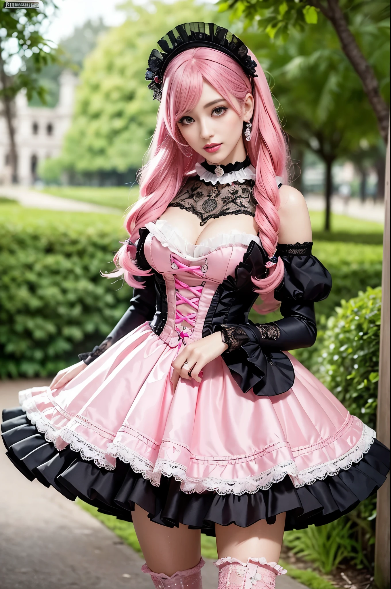 sexy stylish Spanish model, only 1 female, ((doll-like appearance)), long neon pink stylish hair, ((ultra detailed Victorian-Style boots)), happy smile, ultra detailed eyes, vivid eye makeup, lipgloss, long lashes, defined eyebrows, ((sexy Paradise Kiss cosplay)), bell-shaped skirt, petticoats, high neckline, puffed sleeves, ((ultra detailed lace)), ((ultra detailed embroidery)), intricate details, Paradise Kiss accessoires and matching headpiece, choker, ((large sparkling Paradise Kiss jewelry)), cinematic light, detailed large park background with trees