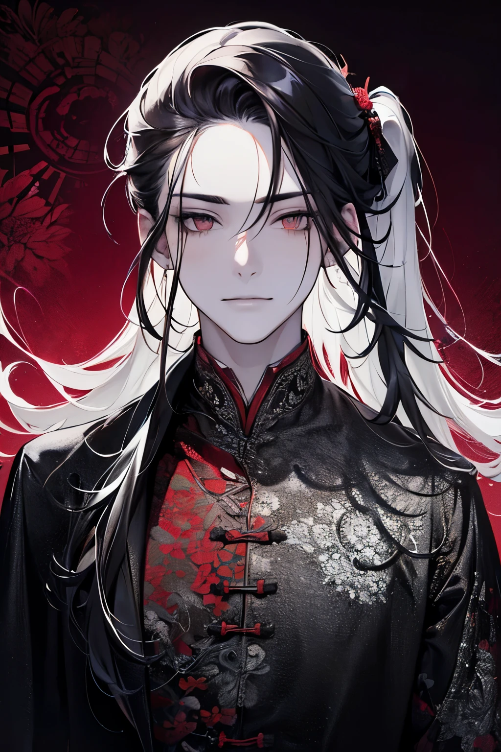 ((Male, around 18 years old:1.2)),(extremely detailed 8K wallpaper),(ultra-detailed),(best quality),(masterpiece),(highly detailed),(cinematic lighting),(Original),Cold ligh,moody,(Chinese elaborate-style painting ),ink style,32K depth of field,solo,((busts)),((red marks on forehead)),(((villain image))),smile,//(black and white costume),(half up and half down hair:1.4)