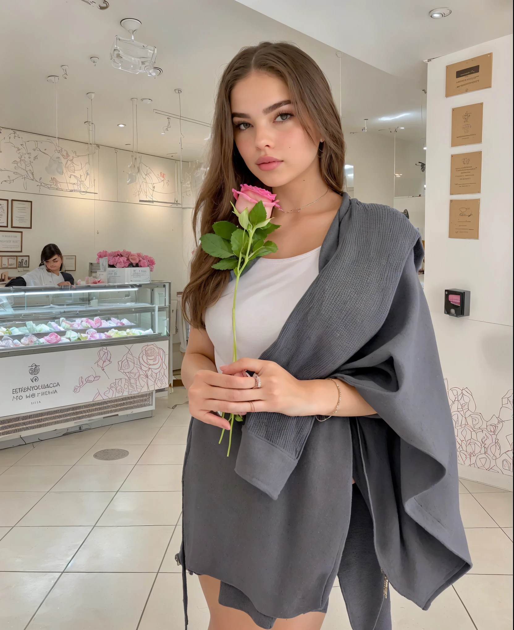 there is a woman sosteniendo una rosa in a store, sosteniendo una rosa, con capa, isabela moner, con flores, vistiendo ropa negra y capa, con una larga capa negra, envuelto en una bufanda negra, pose casual, sosteniendo una flor, vistiendo una sudadera con capucha y flores, sosteniendo una rosa in a hand, Alina Ivánchenko, mujer encantadora