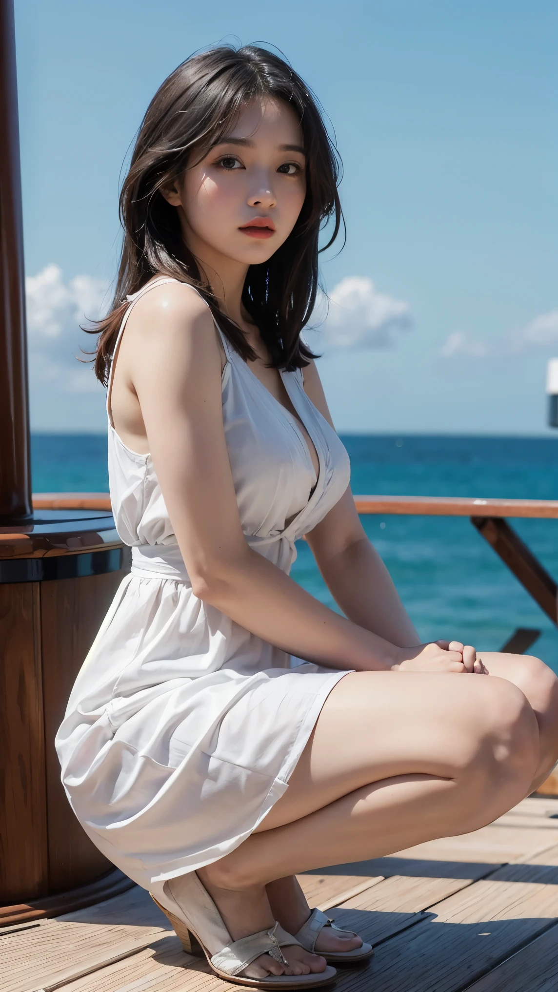 8k, Raw photo, highest quality, masterpiece:1.2), masterpiece, highest quality, figure, Very detailed, Fine details, High resolution, 8k,wallpaper, Perfect dynamic composition,(Detailed high quality, Realistic depiction of eyes:1.3)、 Woman、The woman has her arms behind her back, hands tie behind bacｋ,A woman is squatting on the deck of a yacht at sea、The woman&#39;s white panties are visible、Wearing a short-sleeved shirt、Wearing a long skirt、Woman's whole body、The woman&#39;s whole body faces forward.、２１talent、Beauty、I am a TV personality.、Well-formed face、Make your eyes even、Beautiful long black hair blowing violently in the wind、Fluttering bangs、Well-balanced proportionedium build、Beautiful legs、Refreshing small face、Beautiful scenery、