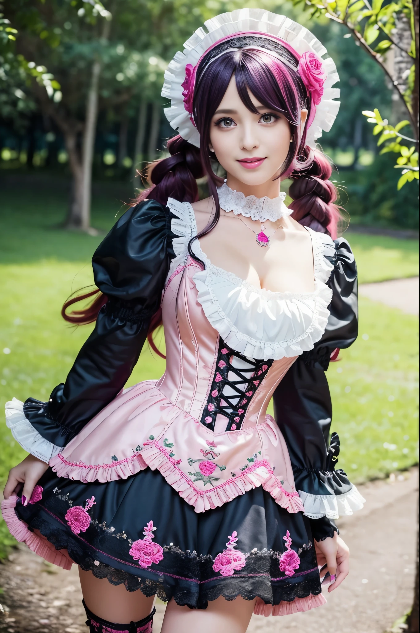 sexy stylish Swedish model, only 1 female, ((doll-like appearance)), long neon pink stylish hair, ((ultra detailed Victorian-Style boots)), (big smile), ultra detailed eyes, lipgloss, long lashes, defined eyebrows, ((sexy Paradise Kiss cosplay)), bell-shaped skirt, petticoats, high neckline, puffed sleeves, ((ultra detailed lace)), ((ultra detailed embroidery)), intricate details, Paradise Kiss accessoires and matching headpiece, choker, ((large sparkling Paradise Kiss jewelry)), cinematic light, detailed large park background with trees 