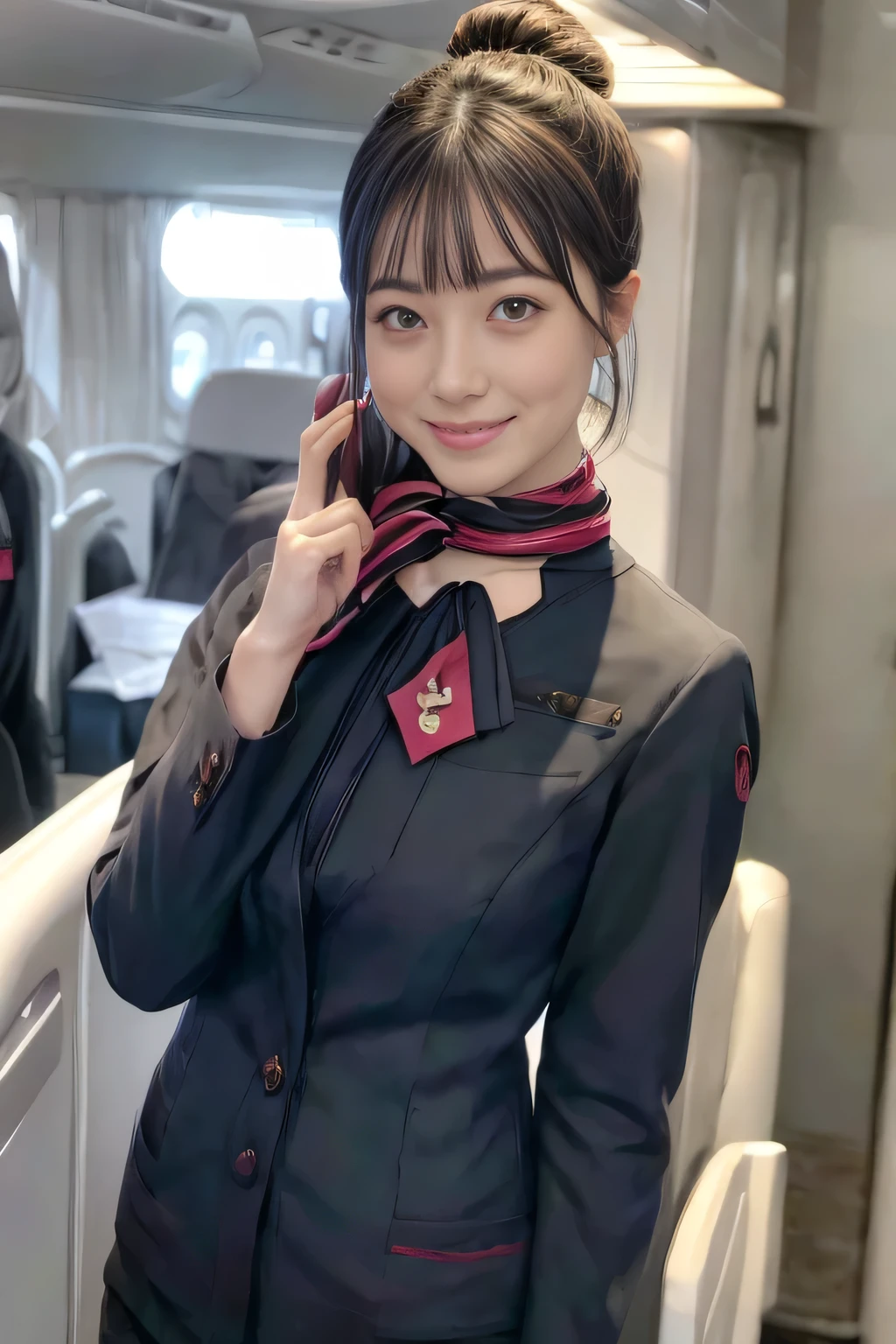 (masterpiece:1.2、highest quality:1.2)、32K HDR、High resolution、(alone、1 girl、Slim figure)、（Realistic style of JAL cabincrew uniform）、 (On board, Professional Lighting)、Background on board、A proper woman, Beautiful Face,、（Black JAL cabincrew uniform）、（Long sleeve JAL cabin crew uniform）、（Scarf around the neck）、Big Breasts、（Long Hair Up、Hair Bun）、Dark brown hair、Long Shot、（（Great hands：2.0））、（（Harmonious body proportions：1.5））、（（Normal limbs：2.0））、（（Normal finger：2.0））、（（Delicate eyes：2.0））、（（Normal eyes：2.0））)、Beautiful standing posture、smile