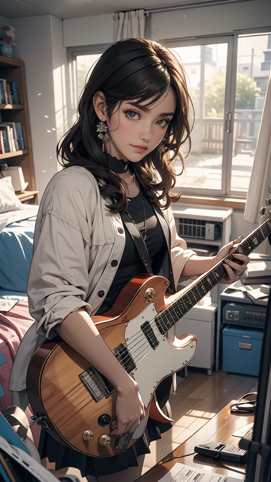 mouth, One girl, alone, In a messy room, guitar,smile