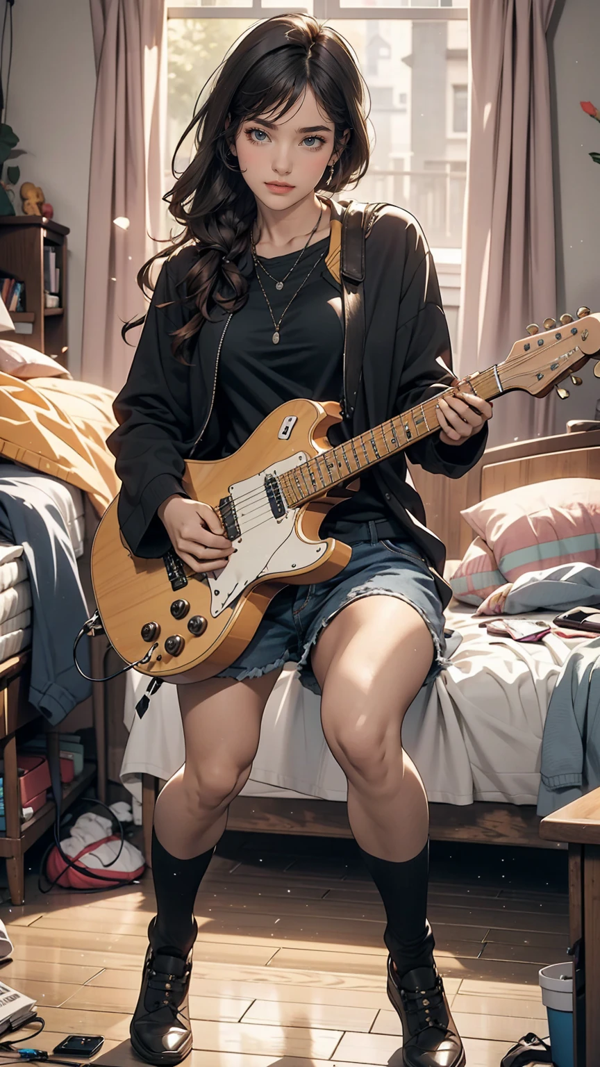 mouth, One girl, alone, In a messy room, guitar,smile