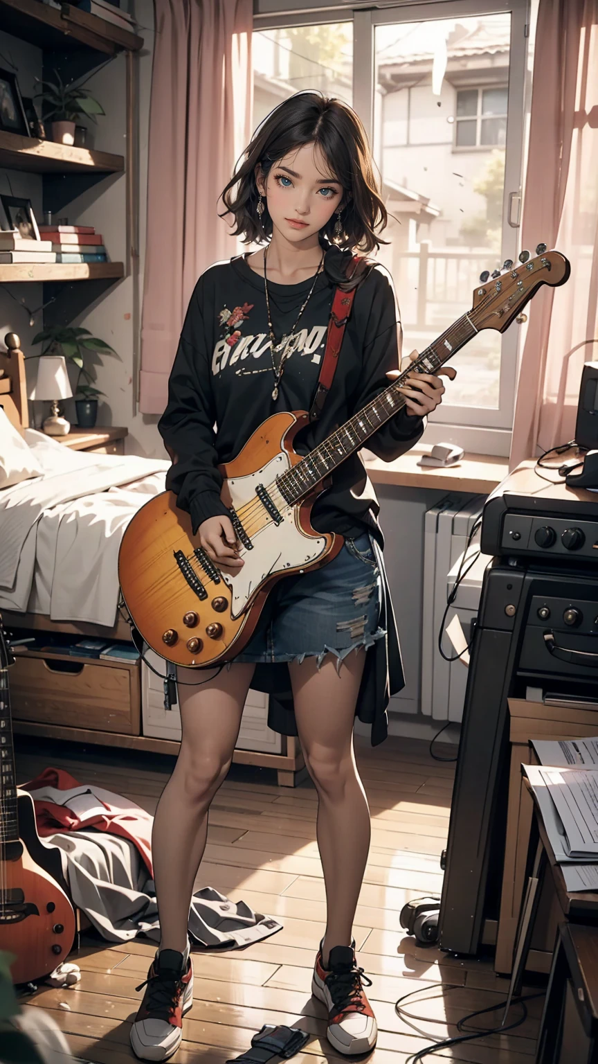 mouth, One girl, alone, In a messy room, guitar,smile