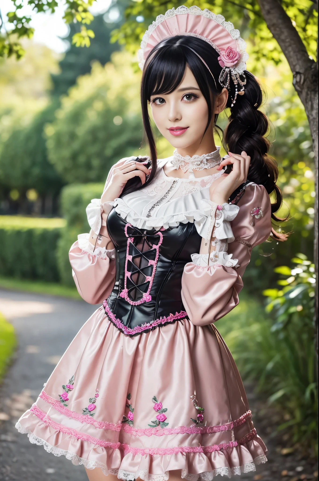 sexy stylish Swedish model, only 1 female, ((doll-like appearance)), long neon pink stylish hair, ((ultra detailed Victorian-Style boots)), (big smile), ultra detailed eyes, lipgloss, long lashes, defined eyebrows, ((sexy Paradise Kiss cosplay)), bell-shaped skirt, petticoats, high neckline, puffed sleeves, ((ultra detailed lace)), ((ultra detailed embroidery)), intricate details, Paradise Kiss accessoires and matching headpiece, choker, ((large sparkling Paradise Kiss jewelry)), cinematic light, detailed large park background with trees
