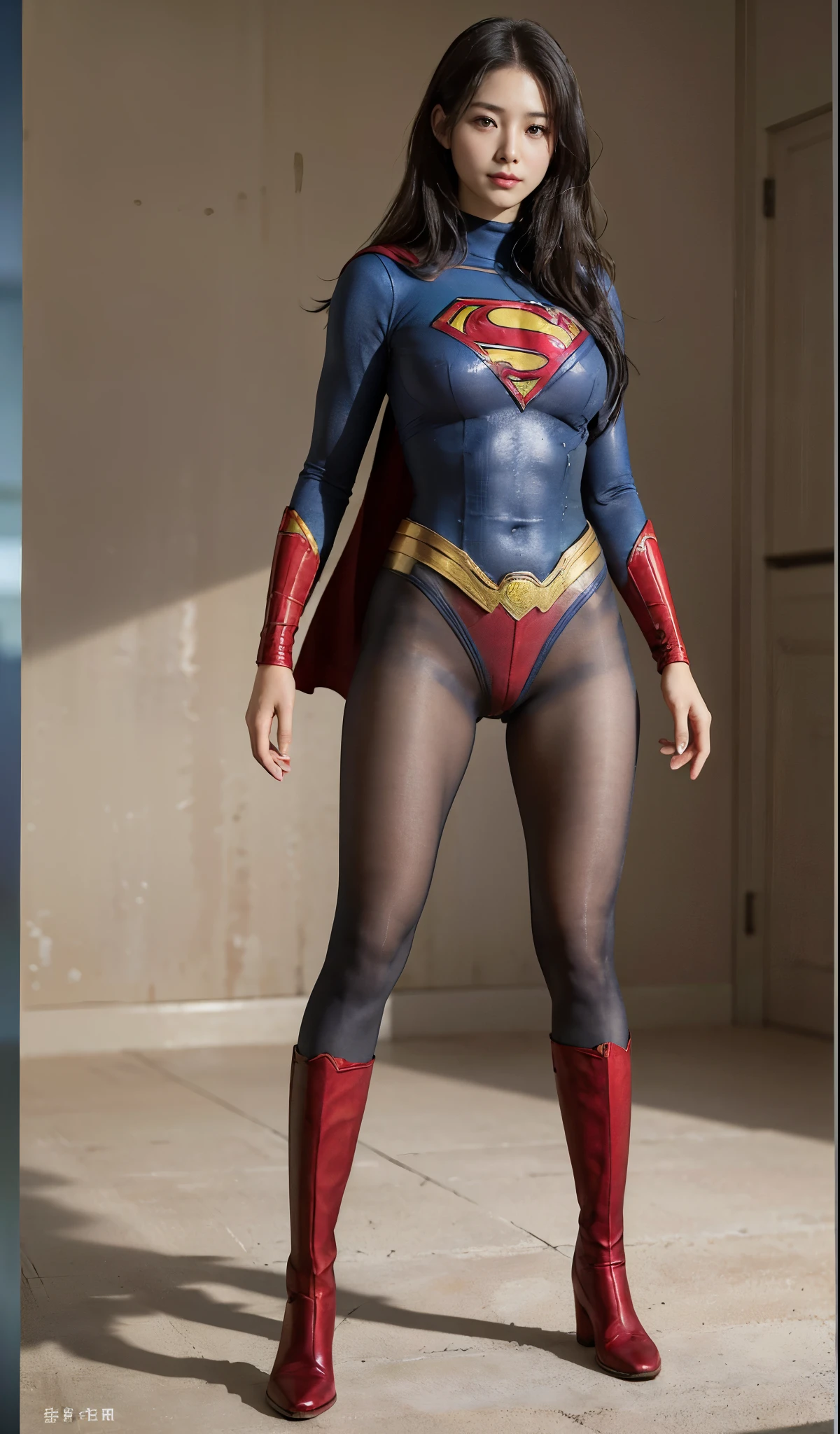 No background、(((Beautiful legs in black tights.)))、(((Legally express the beauty of your smile)))、((((Make the most of your original images)))、(((Supergirl Costume)))、(((Beautiful Hair)))、(((suffering)))、(((Please wear black tights....、Wear red boots)))、((Best image quality、8k))、((highest quality、8k、masterpiece:1.3))、(((Preserve background )))、Sharp focus:1.2、Beautiful woman with perfect figure:1.4、Slim Abs:1.2、Wet body:1.5、Highly detailed face and skin texture、8k