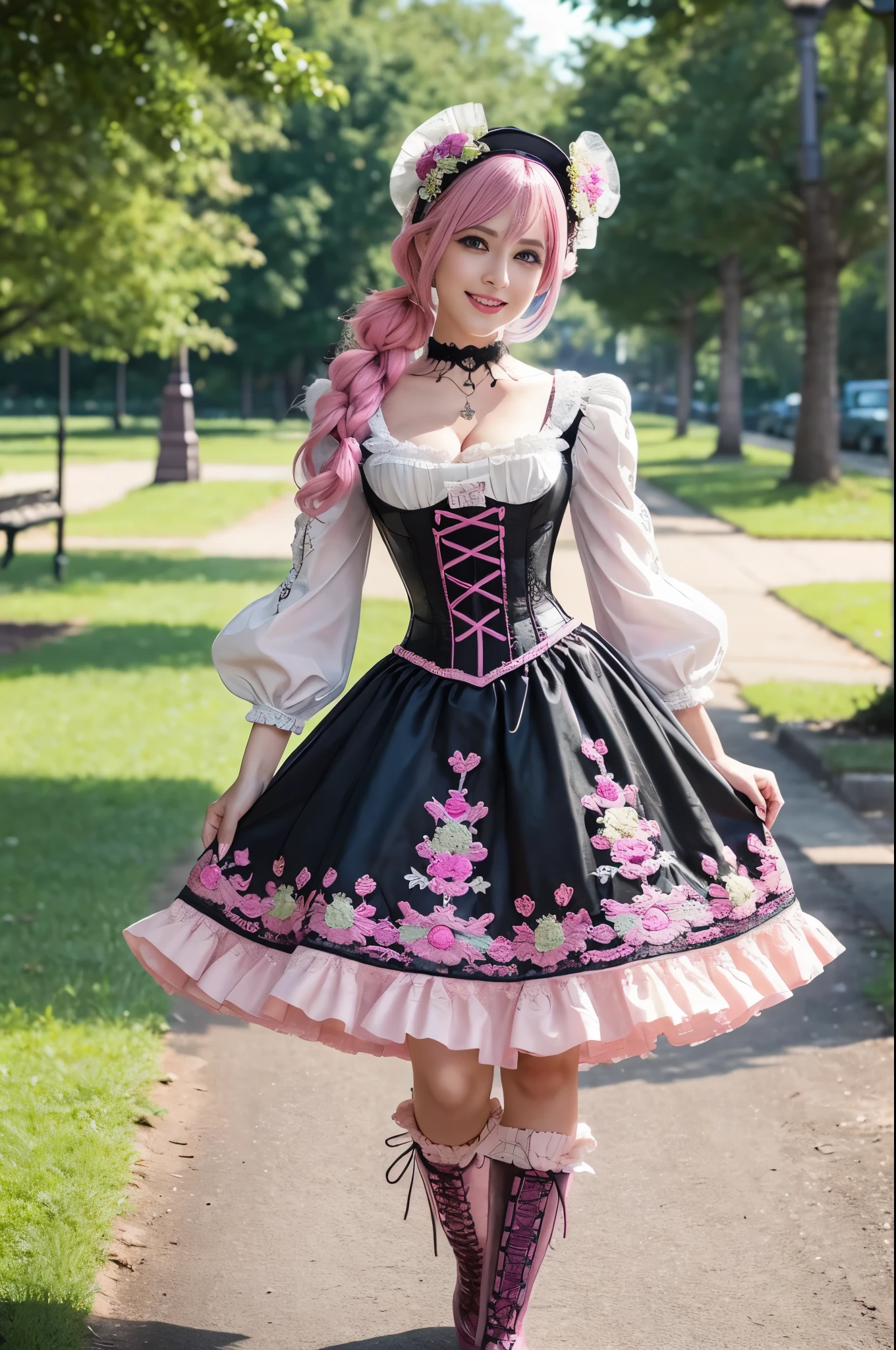 sexy stylish Swedish model, only 1 female, ((doll-like appearance)), long neon pink stylish hair, ((ultra detailed Victorian-Style boots)), (big smile), ultra detailed eyes, lipgloss, long lashes, defined eyebrows, ((sexy Paradise Kiss cosplay)), bell-shaped skirt, petticoats, high neckline, puffed sleeves, ((ultra detailed lace)), ((ultra detailed embroidery)), intricate details, Paradise Kiss accessoires and matching headpiece, choker, ((large sparkling Paradise Kiss jewelry)), cinematic light, detailed large park background with trees 