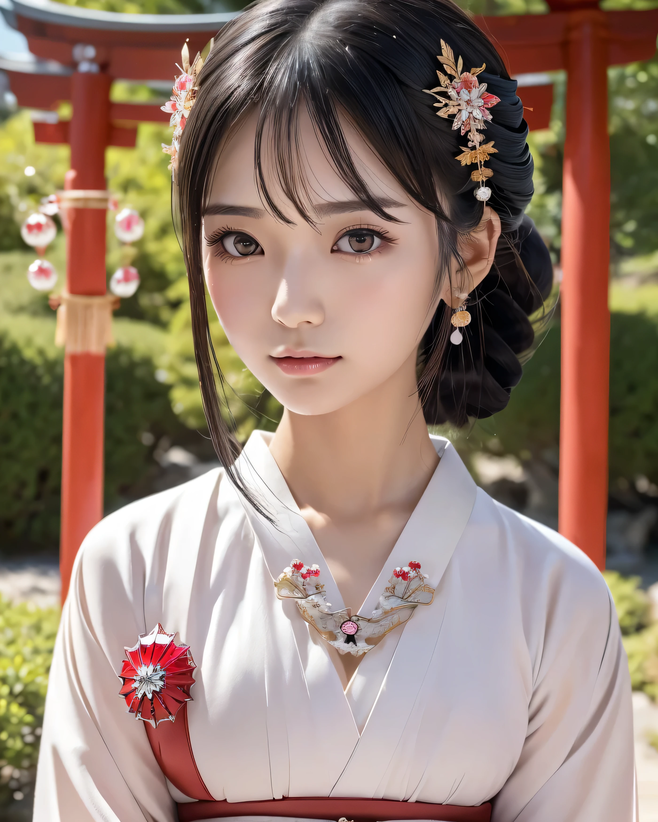 (highest quality, 32k, High resolution, Masterpiece:1.5, ), marimo_jet, god々A photograph with brilliant dazzling and healing power., Evoking a sense of calm and elusive beauty, God's chosen shrine maiden princess々New Dance, Expressing emotions, Have a rich imagination, Beautiful Japanese Girls, An exceptionally beautiful face, Small Face Beauty, Perfect Human Anatomy, Magical big eyes, Motherhood and generosity, Deep Love, Fleeting Expression, Shiny black hair, ((Half-up hairstyle with crystal ornaments:1.4)), Asymmetrical bangs, Hair between the eyes, Transparent, soft white skin, Sharp eyebrows, Thin lashes, ((Natural Makeup:1.1)), Cheek highlighter, Pale pink detailed lips, ((Japanese traditional shrine maiden clothing:1.3)), Red belt, Slim figure, ((The beautiful and dignified God Company:1.2)), Gentle sunlight filtering through the treesProfessional lighting, Professional photographer, Professional models, God's Secret