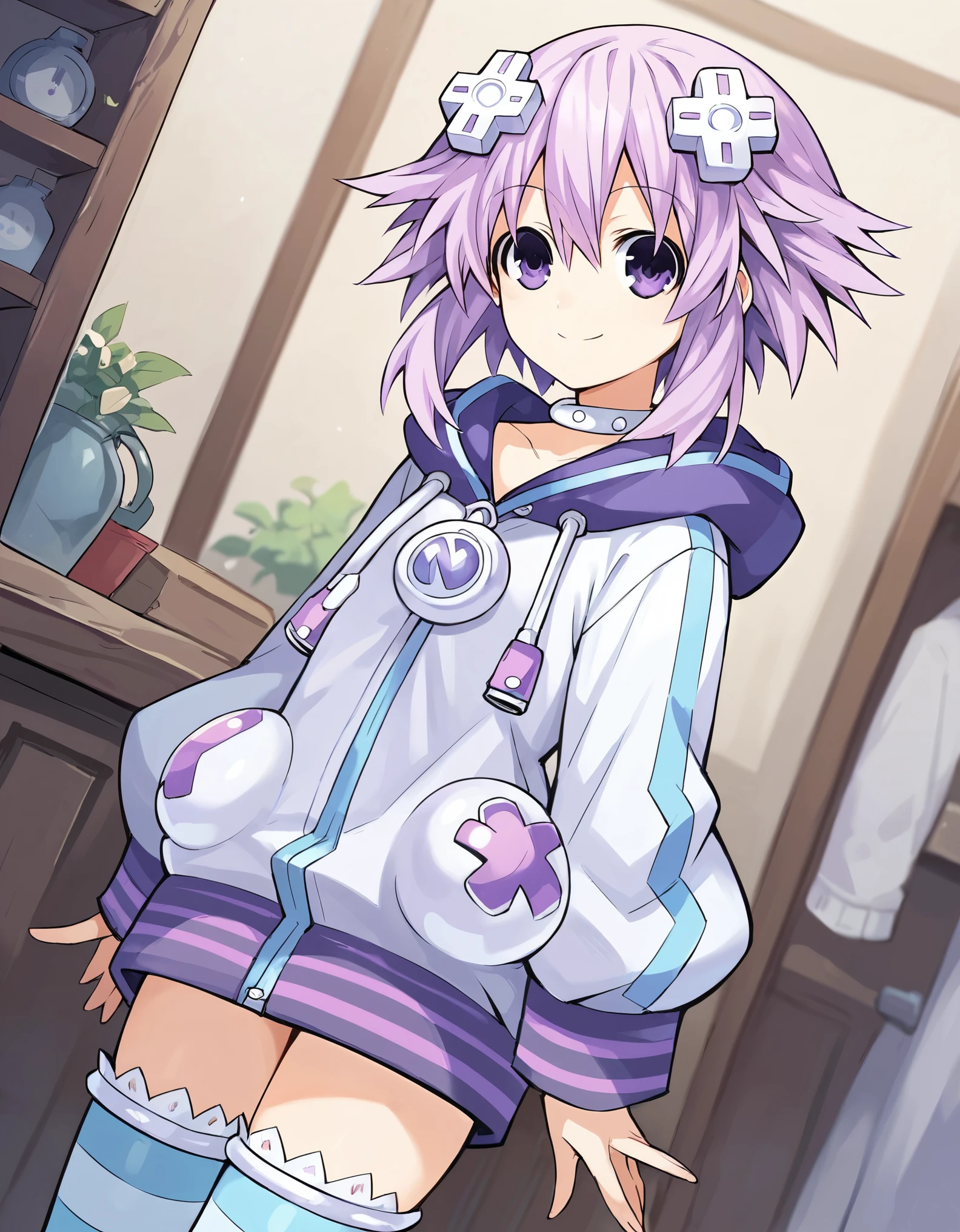 score_9, score_8_up, score_7_up, score_6_up, score_5_up, source_anime, 1girl, solo, purple eyes, purple hair, short hair, sidelocks, d-pad hair ornament, smile, closed mouth, choker, shoes, white choker, hoodie, jacket, striped, striped legwear, thighhighs, standing, looking at viewer, dutch angle, cowboy shot, indoors, Neptune \(neptunia)\,