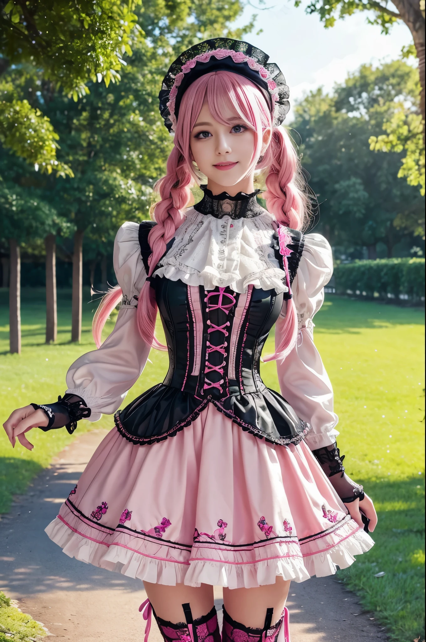 sexy stylish Swedish model, only 1 female, ((doll-like appearance)), long neon pink stylish hair, ((ultra detailed Victorian-Style boots)), (big smile), ultra detailed eyes, lipgloss, long lashes, defined eyebrows, ((sexy Paradise Kiss cosplay)), bell-shaped skirt, petticoats, high neckline, puffed sleeves, ((ultra detailed lace)), ((ultra detailed embroidery)), intricate details, Paradise Kiss accessoires and matching headpiece, choker, ((large sparkling Paradise Kiss jewelry)), cinematic light, detailed large park background with trees