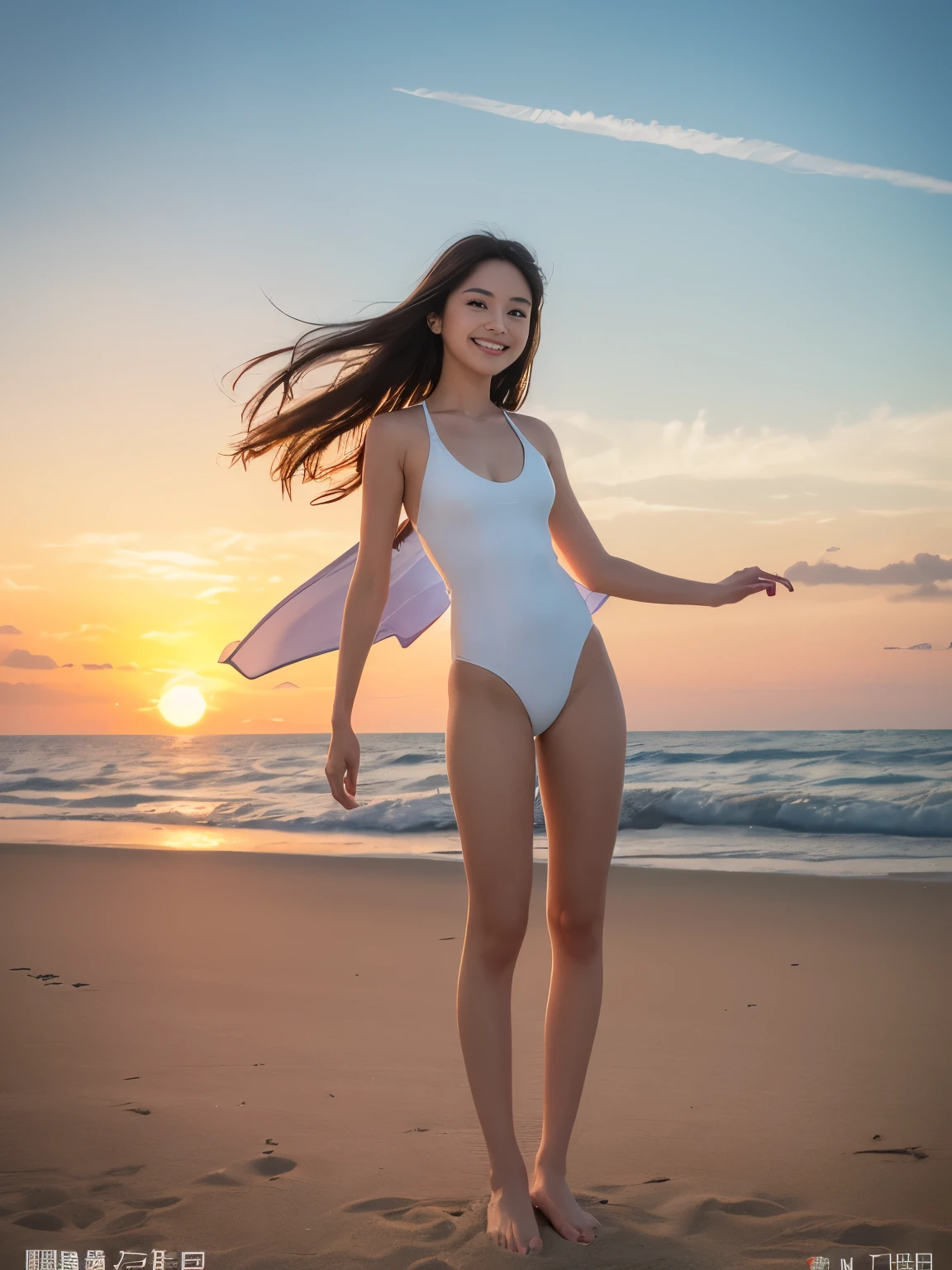 8k, (超Realistic: 1.35), (Realistic: 1.4), one personの美しい日本人の女の子, (((The best smile has been released))), one person,(((Full Body Shot)))、 (((enjoy)))、light makeup, masterpiece, 超High resolution, High resolution, one person, (((White swimsuit)))、 puberty, one personの少女, ((Perfect body)), ((Best image quality)), ((time)), ((Very delicate and beautiful)), ((Very shallow depth of field)), Hmph, ((Incredibly shallow depth of field. Familiar)), (((Very delicate and beautiful))), (((Very shallow depth of field))), Hmph, (((Unbelievably absurd))), (((Perfect body))), (((Looking at the camera)))), (((Normal size breasts))), (((Serious face))), (((Hair can be long or short))), myself+background, Dynamic Angle, Focus on women, {Particles of light}、 詳細なbackground、((Paul Hedley))、Soft lighting、(dramatic)sunset、sunset、とても美しいsunset、Live Action、Genuine、Top Angle、Cute Smile、(backgroundぼかし)、18-year-old、thin、((Wind))、((Movement))、((emotion))、((colorful))、((Baby Face))、((Beautiful Teeth))、backgroundは海