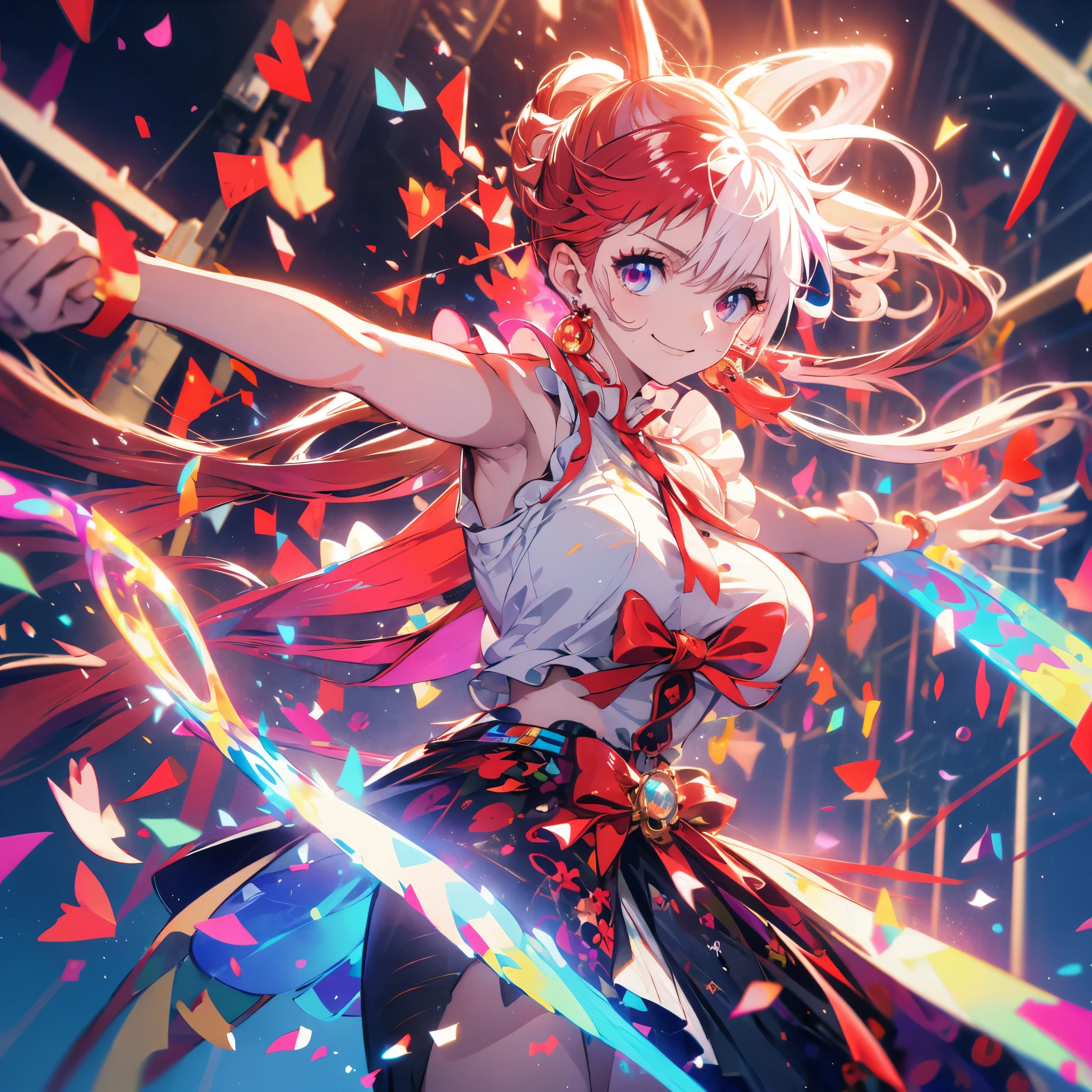 Red and white hair　Idol Floating notes in the sky　pendant　Shiny earrings　Flowing hair　stage　Bathed in light　Open your mouth　smile　Hold the microphone　Shining Aura　Shining　Crystal Eyes　Confetti　Particles of light