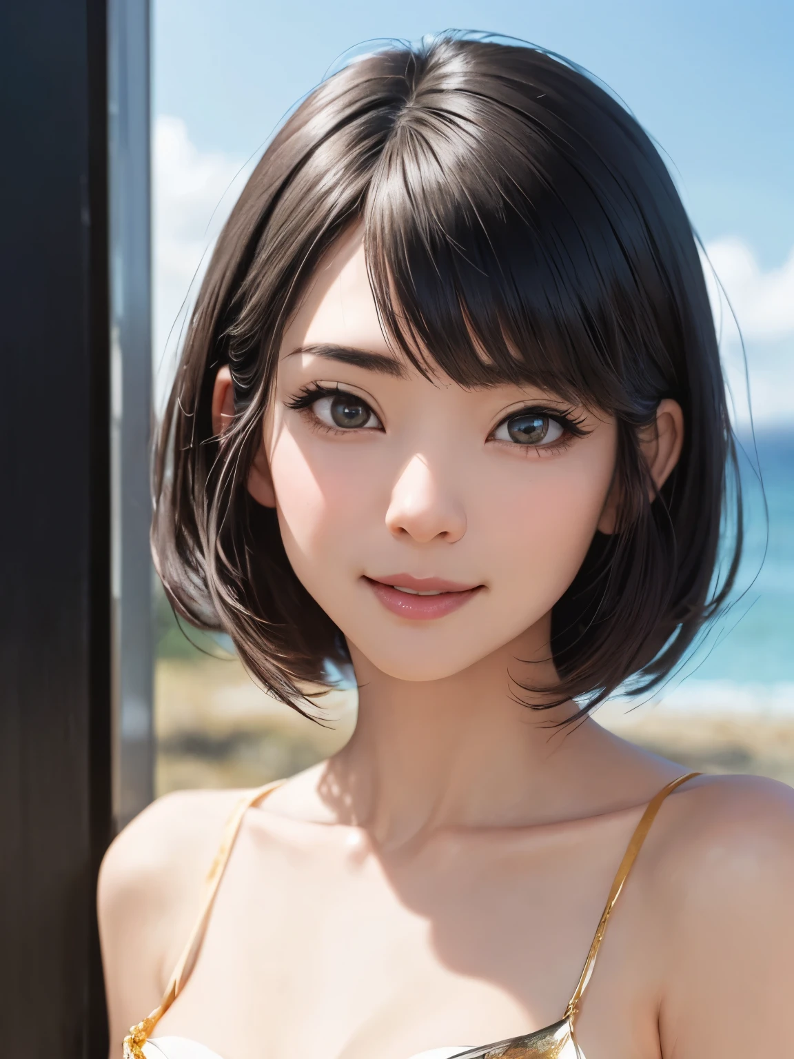 1 girl、highest quality、Realistic、alone、Written boundary depth、Natural soft light、Daytime、charm、Beautiful Face、Cleanliness、Pure Face、White skin、cute、short hair、prohibit、Beach、Light of the sun、Nedium Breast Body Esbian、((セーターを着たBeautiful Faceの黄金比 対称性のあるBeautiful Face, Wearing nothing:2))、Long neck、Listen carefully、prohibitのあるきれいな短いボブヘア、Laugh with your mouth closed、Perfect hands指、Perfect hands、Perfect body、Perfect Face、Shine a light into your eyes、Perfect Anatomy:1.4、とてもcuteスーパーモデル:1.4、{Huge|big|Hugeな|Mega} chest:2, chestの谷間:2、transparent、transparent性、Grossoisture、Shine、Cool feeling、Beautiful gradation blue sky:2