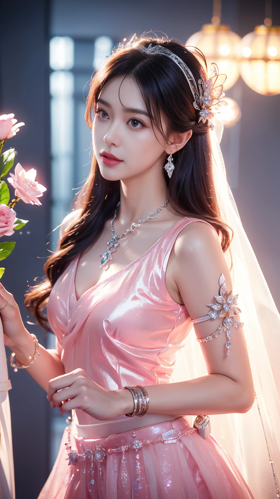 4K, UHD, masterpeice, 1 girl, good face, happy face, ((white skin)), detailed eyes, detailed lipstick, very long hair, straight hair, very long hair, beautiful hair, hair ornaments, hairband, gradient hair, ((pink mesh)), ((princess clothing)), ((decorated clothing)), ((sardine)), ((sparkle clothing)), ((pink lace)), ((diamond bracelet)), ((pendant)), ((ornaments:1.5)), necklace, earring, high lighting, ((in the wedding stage)), fujicolor, depth of field, ray tracing, ultra realistic detailes,