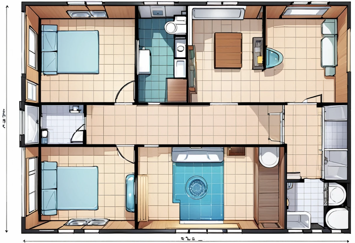 Floor plan for a spacious house,10 rooms,(Floor plan for a house with toilets in every room),2D,