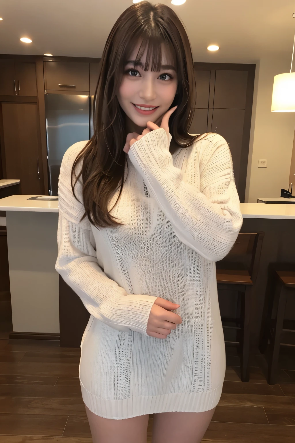 highest quality masterpiece 8K Ultra-detailed Face Brown Hair Full body photo Cute pose Sexy Photos Focus on the face Professional Lighting Vivid Photos Happy expression Sulky look Ecstatic expression Sex appeal Glossのある濡れたカラスの毛 Gloss Cute and sly Droopy eyes Absurd Heavy bangs A wide variety of skin tones ponytail White sweater dress Thighs Selfie