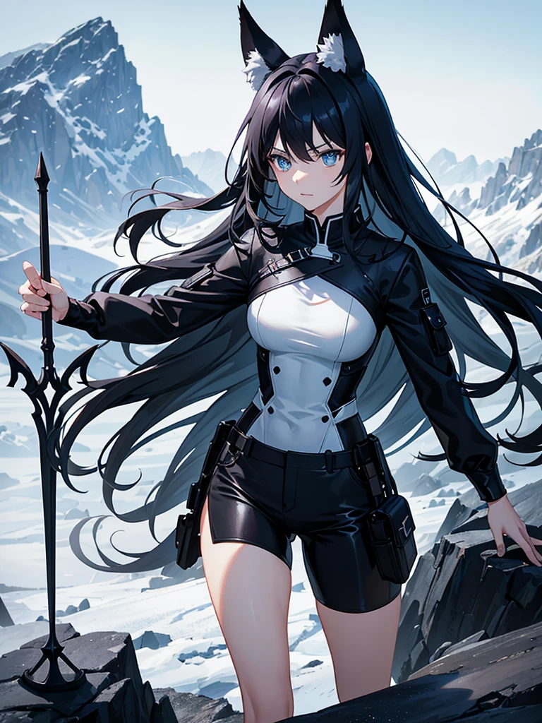 8k, high quality pictures, an anime woman in a dynamic action scene, wearing black and blue suit, black shorts, long black hair, blue eyes, white skin, fox ears, bring a light spear, in a fantasy world, mountains backround with foggy condition, realistic, best quality