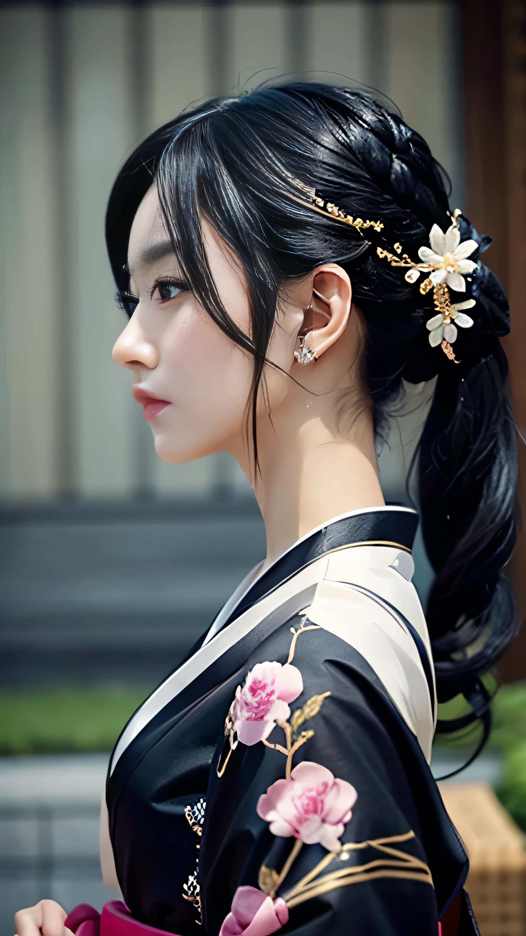 profile、Beauty、Black Hair、kimono、Thin neck、hair ornaments、Upper Body、Hair tied up、god々Shii