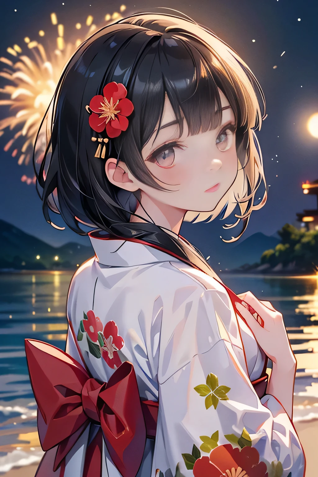 Full body,Looking back,♥(Japanese beautiful flower printed kimono,yukata),((1girl,cute,young,semi long beautiful black hair,blunt bangs,twin tales,beautiful eyes)),(solo),((masterpiece, highest resolution,best quality)), (beautiful illustration),(Japanese beautiful flower printed kimono,yukata),
 (looking at the viewer), innocent smile,cinematic lighting,beach,waves,fireworks,night sky,full moon,shooting star,