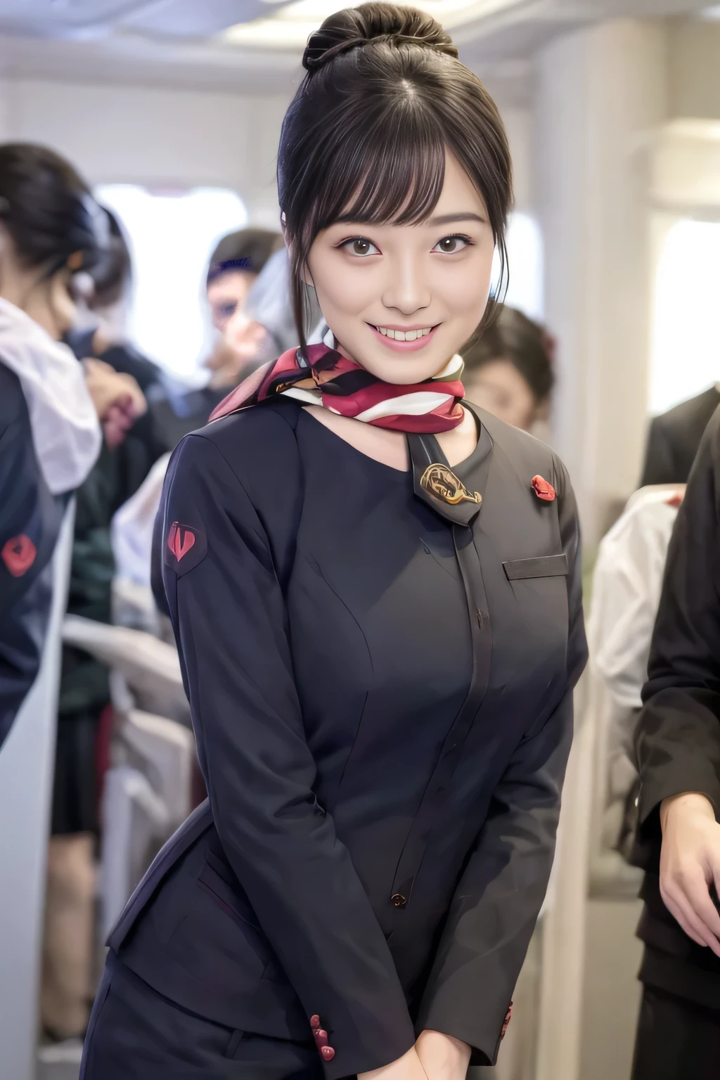 (masterpiece:1.2、highest quality:1.2)、32K HDR、High resolution、(alone、1 girl、Slim figure)、（Realistic style of JAL cabincrew uniform）、 (On board, Professional Lighting)、Background on board、A proper woman, Beautiful Face,、（Black JAL cabincrew uniform）、（Long sleeve JAL cabin crew uniform）、（Scarf around the neck）、Big Breasts、（Long Hair Up、Hair Bun）、Dark brown hair、Long Shot、（（Great hands：2.0））、（（Harmonious body proportions：1.5））、（（Normal limbs：2.0））、（（Normal finger：2.0））、（（Delicate eyes：2.0））、（（Normal eyes：2.0））)、Beautiful standing posture、smile