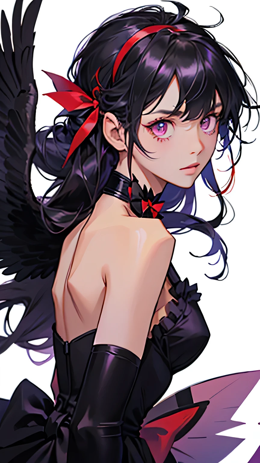 amazing quality, best quality, akuma homura, akemi homura, long hair, 1girl, black hair, solo, flower, looking at viewer, dress, bow, elbow gloves, hair bow, bare shoulders, gloves, wings, black dress, red bow, breasts, bangs, red eyes, from side, very long hair, red ribbon, purple flower, ribbon, white background, floating hair, black gloves, purple eyes, choker, red hairband, closed mouth, upper body, feathered wings, hairband
