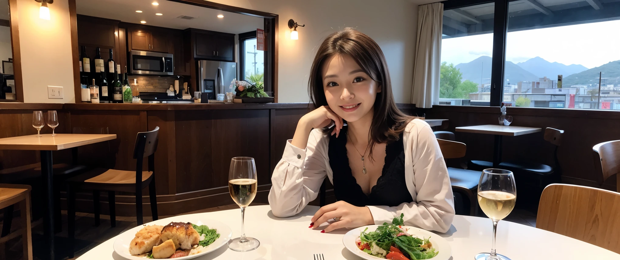(highest quality、8k、masterpiece:1.3)、Beautiful woman with perfect figure:1.4、Dark brown hair、Wine Party 、2 people、Highly detailed face and skin、Fine grain、double eyelid、Huge Mile、30th generation、Sex Appeal、テーブルにwine glass、Facial lighting、 Amazing view of the sunset sky and clouds、Amazing mountain views、ニコニコ明るいsmile、smileの素敵な女性、Bright image、 Beautiful Face, short hair, (Age 37), 39 years old, Lady、red wine 、Appetizers、Italian food、wine bottle、Champagne、sparkling wine、Two beauties、Brown Hair、Shortcuts、Long sleeve shirt、dress、Pretty Woman 1, (slimな顔), (The body is slim), (Brown Hair), (Shortcuts), cheeks turn a little red,Attractive beauty、restaurant, In a prominent place (From the waist up) Nova Frog Style, actress, model, Upper Body, White wine, slim, wine glass, smile, (smile: 1.15), Beautiful fine grain, Depth f/2,saturation, High Contrast, Strong light and shadow,Moist Body:1.5、3D texture、Delicate eyes、Brown Hair、The hair is very shiny、