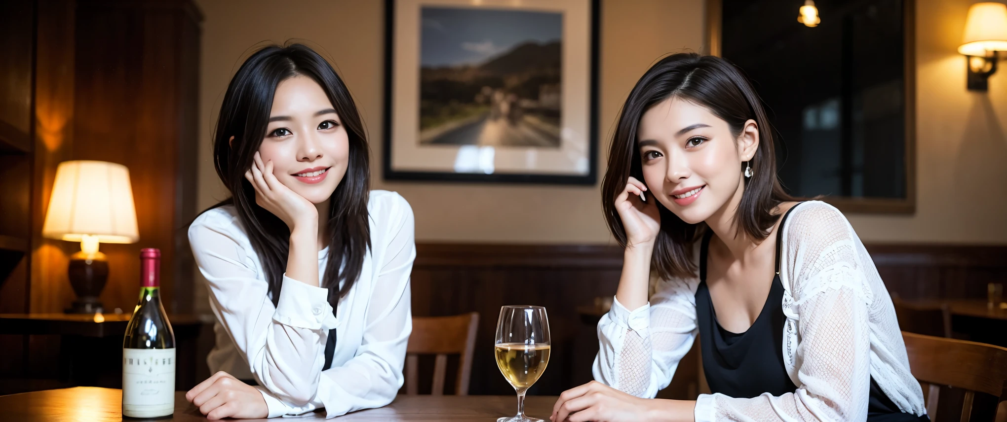 (highest quality、8k、masterpiece:1.3)、Beautiful woman with perfect figure:1.4、Dark brown hair、Wine Party 、2 people、Highly detailed face and skin、Fine grain、double eyelid、Huge Mile、30th generation、Sex Appeal、テーブルにwine glass、Facial lighting、 Amazing view of the sunset sky and clouds、Amazing mountain views、ニコニコ明るいsmile、smileの素敵な女性、Bright image、 Beautiful Face, short hair, (Age 37), 39 years old, Lady、red wine 、Appetizers、Italian food、wine bottle、Champagne、sparkling wine、Two beauties、Brown Hair、Shortcuts、Long sleeve shirt、dress、Pretty Woman 1, (slimな顔), (The body is slim), (Brown Hair), (Shortcuts), cheeks turn a little red,Attractive beauty、restaurant, In a prominent place (From the waist up) Nova Frog Style, actress, model, Upper Body, White wine, slim, wine glass, smile, (smile: 1.15), Beautiful fine grain, Depth f/2,saturation, High Contrast, Strong light and shadow,Moist Body:1.5、3D texture、Delicate eyes、Brown Hair、The hair is very shiny、