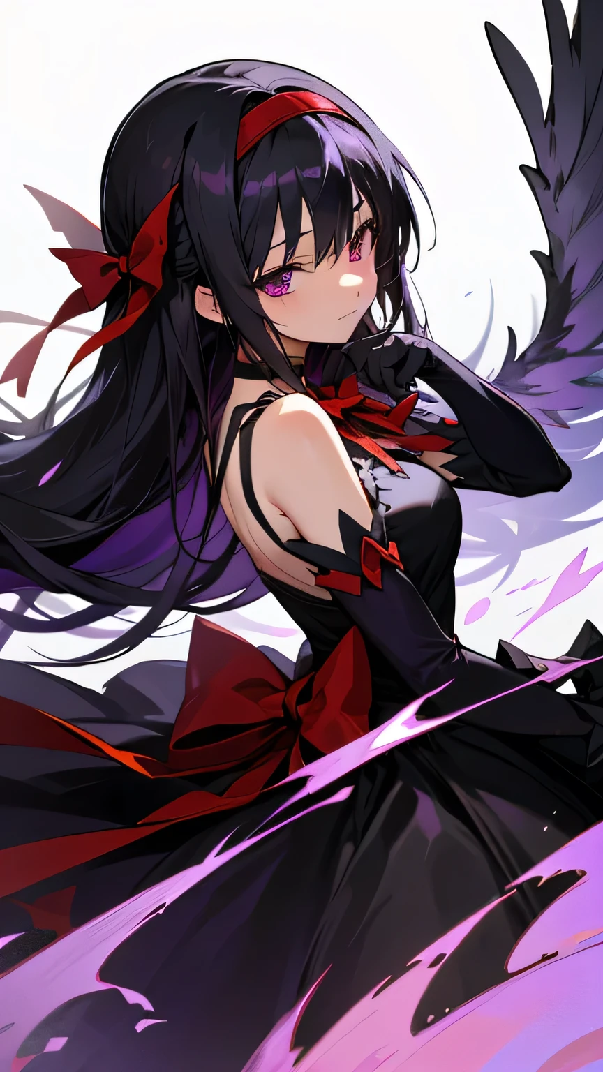 amazing quality, best quality, akuma homura, akemi homura, long hair, 1girl, black hair, solo, flower, looking at viewer, dress, bow, elbow gloves, hair bow, bare shoulders, gloves, wings, black dress, red bow, breasts, bangs, red eyes, from side, very long hair, red ribbon, purple flower, ribbon, white background, floating hair, black gloves, purple eyes, choker, red hairband, closed mouth, upper body, feathered wings, hairband