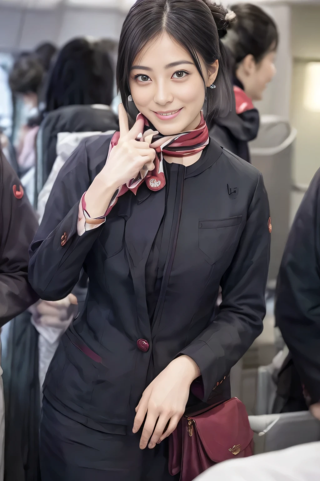 (masterpiece:1.2、highest quality:1.2)、32K HDR、High resolution、(alone、1 girl、Slim figure)、(Realistic style of JAL cabincrew uniform)、 (On board, Professional Lighting)、Background on board、A proper woman, Beautiful Face,、(Black JAL cabincrew uniform)、(Long sleeve JAL cabin crew uniform)、(Scarf around the neck)、Big Breasts、(Long Hair Up、Hair Bun)、Dark brown hair、Long Shot、((Great hands:2.0))、((Harmonious body proportions:1.5))、((Normal limbs:2.0))、((Normal finger:2.0))、((Delicate eyes:2.0))、((Normal eyes:2.0)))、Beautiful standing posture、smile