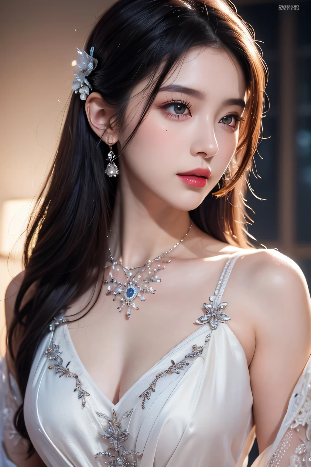 High-quality work,Realistic works,Super premium graphics,8K HD CG works,high quality graphics,High-definition and exquisite CG works,10x pixels,Ultra-fine details:1.1,Advanced technical details:1.1Realistic photo effects,Interior lighting effects:1.5,natural soft light:1.5. Light effect(Virtual light effects:1.8),Ultra-high resolution,shining dress,sliver long hair,silber hair,transparenthair,high detailed hair(Quality hair details:1.1)Clear eyes,Double eyelids look good,Sharp eye makeup, Create exquisite eyelash makeup, tthin eyebrows, Ultra-detailed eyes,a tall nose, lovely red lips, rosey cheeks, With delicate makeup on her face , pretty face, The face shape is perfectly proportioned,(Advanced facial details:1.1)Super detailed, Delicate face, Photorealistic style, Movie stock photography shadow , Colorful, Surreal, Realistic textures, Dramatic Lighting, Thin Film Distiller 800 (8k, original photo, better quality, masterpiece: 1.2), Super detailed, (Extremely delicate skin: 1.2), 8k ultra high definition, SLR camera, Soft Light, high quality, Frozen queen,ice castle,Blue pupils,Apply red lipstick,Tattoo,Tattoo Goddess,With Tattoo pattern,Ultra-clear portrait,Apply lipstick,Wearing necklace jewelry,apply lipstick,Wear heavy makeup,breasts symmetrical,Chinese princess wearing gorgeous silk Hanfu,Women's artwork,Dress full body video,Reality,Amazing Cleavage,My eyes are very bright today