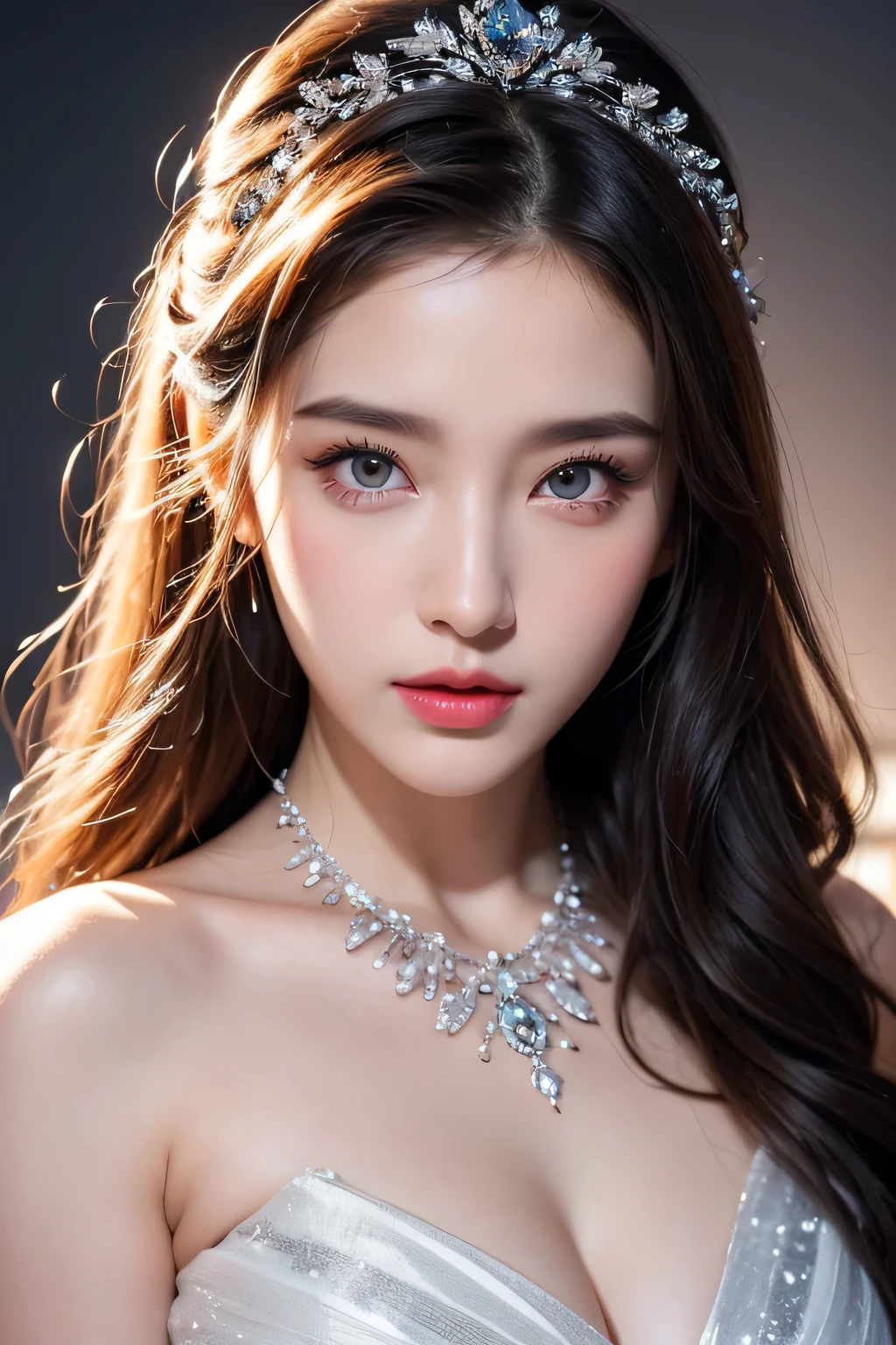 High-quality work,Realistic works,Super premium graphics,8K HD CG works,high quality graphics,High-definition and exquisite CG works,10x pixels,Ultra-fine details:1.1,Advanced technical details:1.1Realistic photo effects,Interior lighting effects:1.5,natural soft light:1.5. Light effect(Virtual light effects:1.8),Ultra-high resolution,shining dress,sliver long hair,silber hair,transparenthair,high detailed hair(Quality hair details:1.1)Clear eyes,Double eyelids look good,Sharp eye makeup, Create exquisite eyelash makeup, tthin eyebrows, Ultra-detailed eyes,a tall nose, lovely red lips, rosey cheeks, With delicate makeup on her face , pretty face, The face shape is perfectly proportioned,(Advanced facial details:1.1)Super detailed, Delicate face, Photorealistic style, Movie stock photography shadow , Colorful, Surreal, Realistic textures, Dramatic Lighting, Thin Film Distiller 800 (8k, original photo, better quality, masterpiece: 1.2), Super detailed, (Extremely delicate skin: 1.2), 8k ultra high definition, SLR camera, Soft Light, high quality, Frozen queen,ice castle,Blue pupils,Apply red lipstick,Tattoo,Tattoo Goddess,With Tattoo pattern,Ultra-clear portrait,Apply lipstick,Wearing necklace jewelry,apply lipstick,Wear heavy makeup,breasts symmetrical,Chinese princess wearing gorgeous silk Hanfu,Women's artwork,Dress full body video,Reality,Amazing Cleavage,My eyes are very bright today