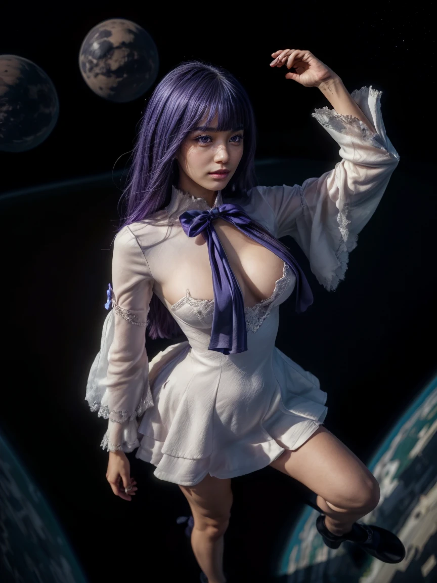 (1 lady), (Best quality at best:1.4), (ultra - detailed), (extremely detailed CG unified 16k), A Beautiful Woman with Perfect Figure: 1.4, Sharp Focus: 1.2, purple hair, very detailed, High-definition RAW color photo, professional photoshooting, amazing face and eyes, cosmetics, (amazingly beautiful girl), ((frederica bernkastel, pale milky white porcelain skin)), ((dress, bowtie, mary janes, socks, cat tail, tail bow, tail ornament)), levitating in a cute posture, (floating in space), (She's levitating in a cosmic sea, outer space:1.3, quantum hyperspace room lacking walls, hyperspace chamber, extremely detailed background, a lot of details background, realistic background), (photofrom above), realistic cinematic face, head to feet long wide zoomed out view, full body long view, photorealistic, ((realistic natural purple hair style, purple eyes)), gorgeous, extremely beautiful face, perfect model beauty, pout mouth, Highly Detailed Face and Skin Texture, Detailed Eyes, Double Eyelids, Big Breasts, Expressionless, (masterpiece), best quality, high resolution, extremely detailed, cinematic lighting, amazing legs, high heels, clear and well-cared skin