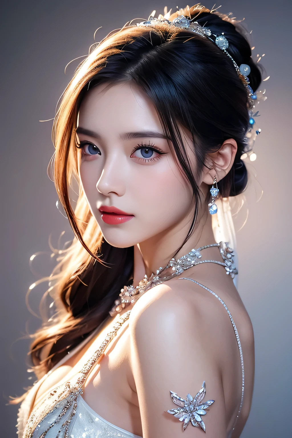 High-quality work,Realistic works,Super premium graphics,8K HD CG works,high quality graphics,High-definition and exquisite CG works,10x pixels,Ultra-fine details:1.1,Advanced technical details:1.1Realistic photo effects,Interior lighting effects:1.5,natural soft light:1.5. Light effect(Virtual light effects:1.8),Ultra-high resolution,shining dress,sliver long hair,silber hair,transparenthair,high detailed hair(Quality hair details:1.1)Clear eyes,Double eyelids look good,Sharp eye makeup, Create exquisite eyelash makeup, tthin eyebrows, Ultra-detailed eyes,a tall nose, lovely red lips, rosey cheeks, With delicate makeup on her face , pretty face, The face shape is perfectly proportioned,(Advanced facial details:1.1)Super detailed, Delicate face, Photorealistic style, Movie stock photography shadow , Colorful, Surreal, Realistic textures, Dramatic Lighting, Thin Film Distiller 800 (8k, original photo, better quality, masterpiece: 1.2), Super detailed, (Extremely delicate skin: 1.2), 8k ultra high definition, SLR camera, Soft Light, high quality, Frozen queen,ice castle,Blue pupils,Apply red lipstick,Tattoo,Tattoo Goddess,With Tattoo pattern,Ultra-clear portrait,Apply lipstick,Wearing necklace jewelry,apply lipstick,Wear heavy makeup,breasts symmetrical,Chinese princess wearing gorgeous silk Hanfu,Women's artwork,Dress full body video,Reality,Amazing Cleavage,My eyes are very bright today