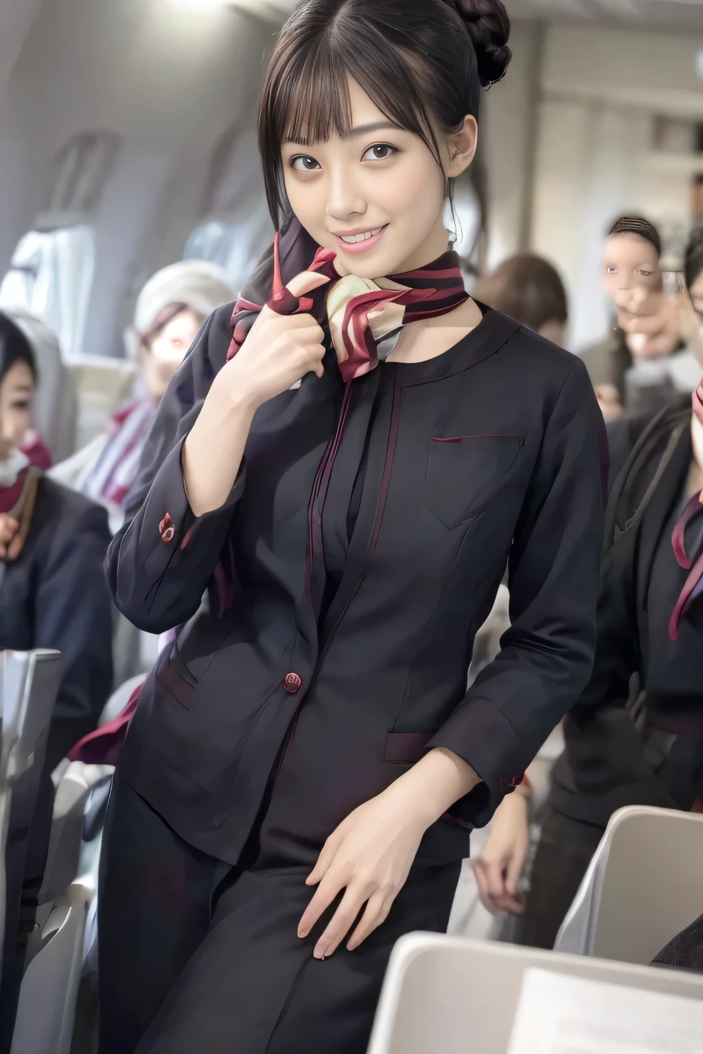 (masterpiece:1.2、highest quality:1.2)、32K HDR、High resolution、(alone、1 girl、Slim figure)、(Realistic style of JAL cabincrew uniform)、 (On board, Professional Lighting)、Background on board、A proper woman, Beautiful Face,、(Black JAL cabincrew uniform)、(Long sleeve JAL cabin crew uniform)、(Scarf around the neck)、Big Breasts、(Long Hair Up、Hair Bun)、Dark brown hair、Long Shot、((Great hands:2.0))、((Harmonious body proportions:1.5))、((Normal limbs:2.0))、((Normal finger:2.0))、((Delicate eyes:2.0))、((Normal eyes:2.0)))、Beautiful standing posture、smile