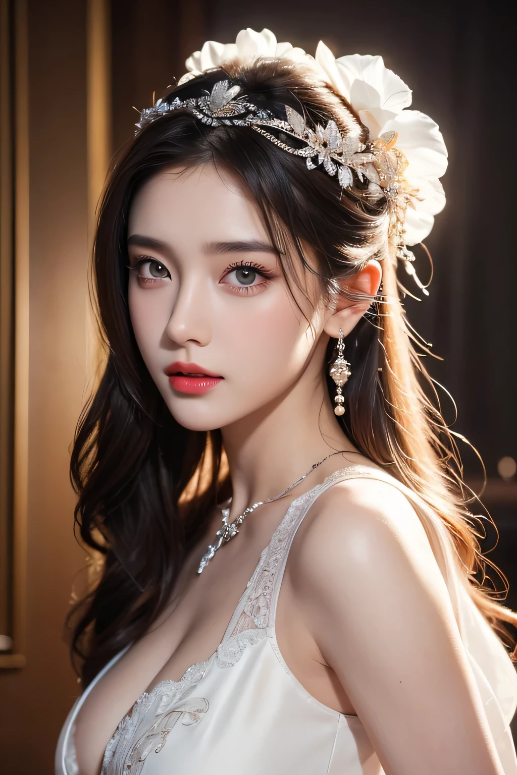 High-quality work,Realistic works,Super premium graphics,8K HD CG works,high quality graphics,High-definition and exquisite CG works,10x pixels,Ultra-fine details:1.1,Advanced technical details:1.1Realistic photo effects,Interior lighting effects:1.5,natural soft light:1.5. Light effect(Virtual light effects:1.8),Ultra-high resolution,shining dress,sliver long hair,silber hair,transparenthair,high detailed hair(Quality hair details:1.1)Clear eyes,Double eyelids look good,Sharp eye makeup, Create exquisite eyelash makeup, tthin eyebrows, Ultra-detailed eyes,a tall nose, lovely red lips, rosey cheeks, With delicate makeup on her face , pretty face, The face shape is perfectly proportioned,(Advanced facial details:1.1)Super detailed, Delicate face, Photorealistic style, Movie stock photography shadow , Colorful, Surreal, Realistic textures, Dramatic Lighting, Thin Film Distiller 800 (8k, original photo, better quality, masterpiece: 1.2), Super detailed, (Extremely delicate skin: 1.2), 8k ultra high definition, SLR camera, Soft Light, high quality, Frozen queen,ice castle,Blue pupils,Apply red lipstick,Tattoo,Tattoo Goddess,With Tattoo pattern,Ultra-clear portrait,Apply lipstick,Wearing necklace jewelry,apply lipstick,Wear heavy makeup,breasts symmetrical,Chinese princess wearing gorgeous silk Hanfu,Women's artwork,Dress full body video,Reality,Amazing Cleavage,My eyes are very bright today