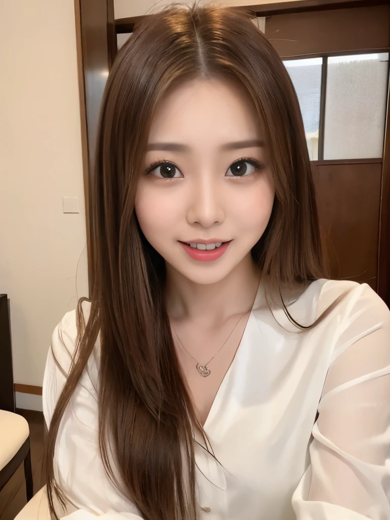A beautiful Japanese shy girl, 18 years old, short brown hair, brown big eyes, shiny lip, shiny hair, ecstatic expression, in living room, in front of door, dining room, The background is very blurry, wearing suit over white blouse, wearing neckless,