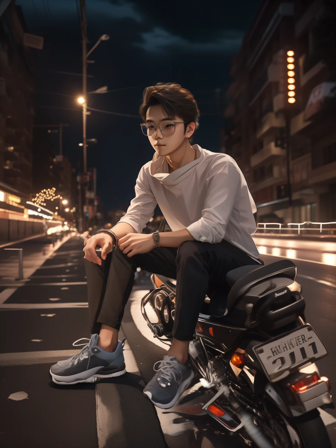 RAW photo, a portrait photo of 21 y.o man in casual clothes, night, city street, (high detailed skin:1.2), 8k uhd, dslr, soft lighting, high quality, film grain, Fujifilm XT3