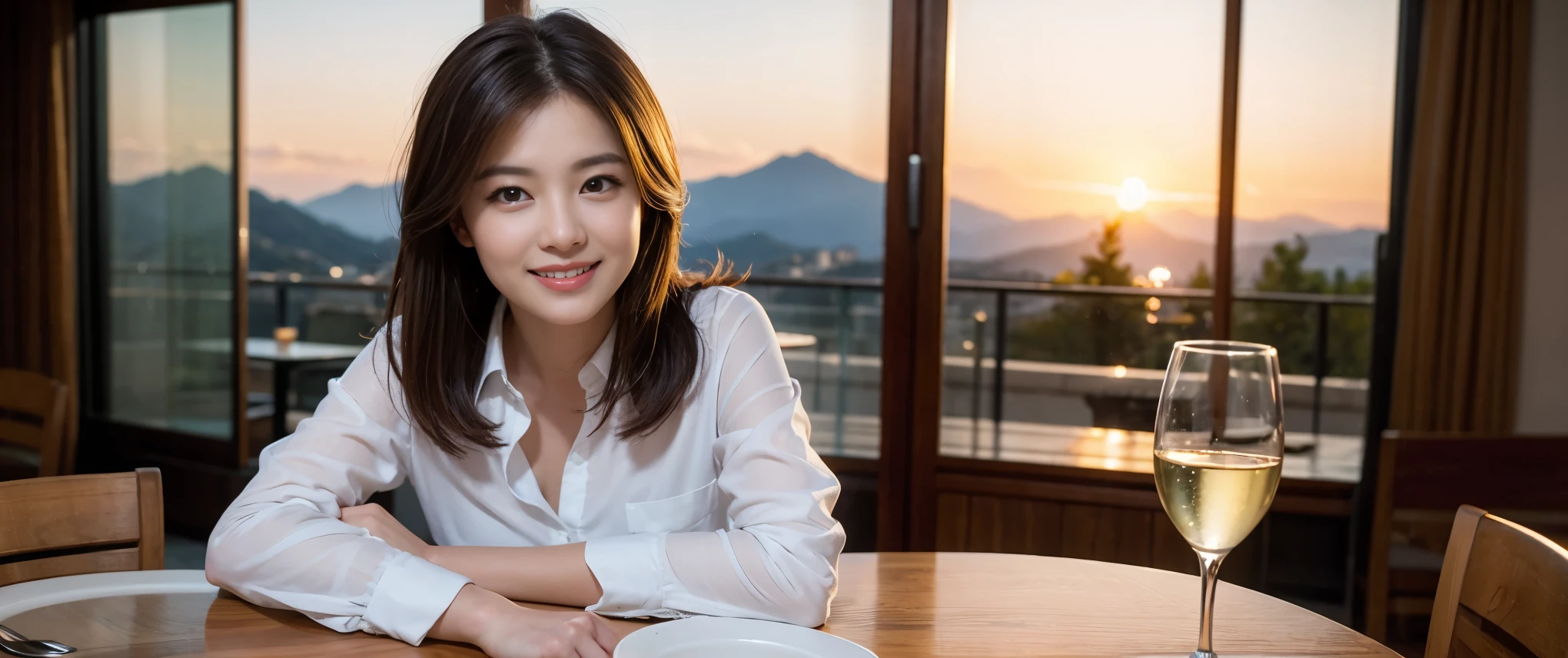 (highest quality、8k、masterpiece:1.3)、Beautiful woman with perfect figure:1.4、Dark brown hair、Wine Party 、2 people、Highly detailed face and skin、Fine grain、double eyelid、テーブルにwine glass、Facial lighting、 Amazing view of the sunset sky and clouds、Amazing mountain views、ニコニコ明るいsmile、smileの素敵な女性、Bright image、 Beautiful Face, short hair, (Age 35), 39 years old, Lady、red wine 、Appetizers、Italian food、wine bottle、Champagne、sparkling wine、Two beauties、Brown Hair、Shortcuts、Long sleeve shirt、dress、Pretty Woman 1, (slimな顔), (The body is slim), (Brown Hair), (Shortcuts), cheeks turn a little red,Attractive beauty、restaurant, In a prominent place (From the waist up) Nova Frog Style, actress, model, Upper Body, White wine, slim, wine glass, smile, (smile: 1.15), Beautiful fine grain, Depth f/2,saturation, High Contrast, Strong light and shadow,Moist Body:1.5、3D texture、Delicate eyes、Brown Hair、The hair is very shiny、