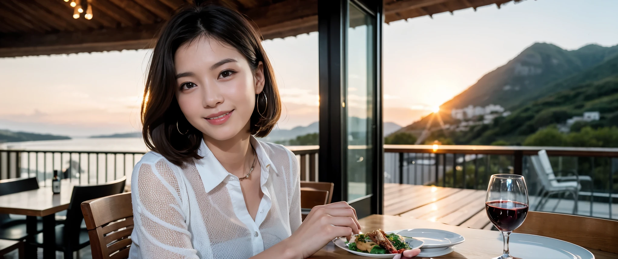 (highest quality、8k、masterpiece:1.3)、Beautiful woman with perfect figure:1.4、Dark brown hair、Wine Party 、2 people、Highly detailed face and skin、Fine grain、double eyelid、テーブルにwine glass、Facial lighting、 Amazing view of the sunset sky and clouds、Amazing mountain views、ニコニコ明るいsmile、smileの素敵な女性、Bright image、 Beautiful Face, short hair, (Age 35), 39 years old, Lady、red wine 、Appetizers、Italian food、wine bottle、Champagne、sparkling wine、Two beauties、Brown Hair、Shortcuts、Long sleeve shirt、dress、Pretty Woman 1, (slimな顔), (The body is slim), (Brown Hair), (Shortcuts), cheeks turn a little red,Attractive beauty、restaurant, In a prominent place (From the waist up) Nova Frog Style, actress, model, Upper Body, White wine, slim, wine glass, smile, (smile: 1.15), Beautiful fine grain, Depth f/2,saturation, High Contrast, Strong light and shadow,Moist Body:1.5、3D texture、Delicate eyes、Brown Hair、The hair is very shiny、