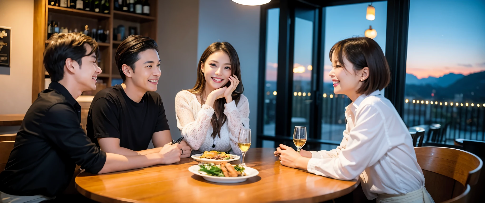 (highest quality、8k、masterpiece:1.3)、Beautiful woman with perfect figure:1.4、Dark brown hair、Wine Party 、2 people、Highly detailed face and skin、Fine grain、double eyelid、テーブルにwine glass、Facial lighting、 Amazing view of the sunset sky and clouds、Amazing mountain views、ニコニコ明るいsmile、smileの素敵な女性、Bright image、 Beautiful Face, short hair, (Age 35), 39 years old, Lady、red wine 、Appetizers、Italian food、wine bottle、Champagne、sparkling wine、Two beauties、Brown Hair、Shortcuts、Long sleeve shirt、dress、Pretty Woman 1, (slimな顔), (The body is slim), (Brown Hair), (Shortcuts), cheeks turn a little red,Attractive beauty、restaurant, In a prominent place (From the waist up) Nova Frog Style, actress, model, Upper Body, White wine, slim, wine glass, smile, (smile: 1.15), Beautiful fine grain, Depth f/2,saturation, High Contrast, Strong light and shadow,Moist Body:1.5、3D texture、Delicate eyes、Brown Hair、The hair is very shiny、