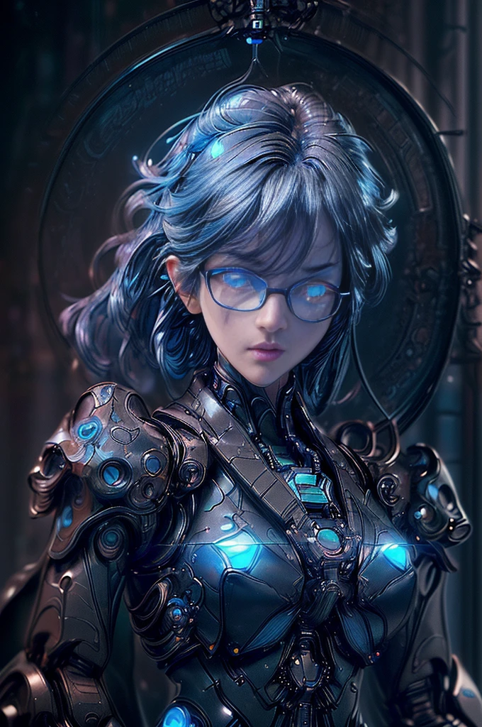 1girl,cybernetic,blue core,jacket,glasses,detailed face,beautiful detailed eyes,beautiful detailed lips,extremely detailed eyes and face,long eyelashes,detailed mechanical parts,intricate futuristic design,glowing blue energy,cinematic lighting,dramatic composition,science fiction,digital art,concept art,hyper detailed,8k,high resolution,photorealistic,masterpiece