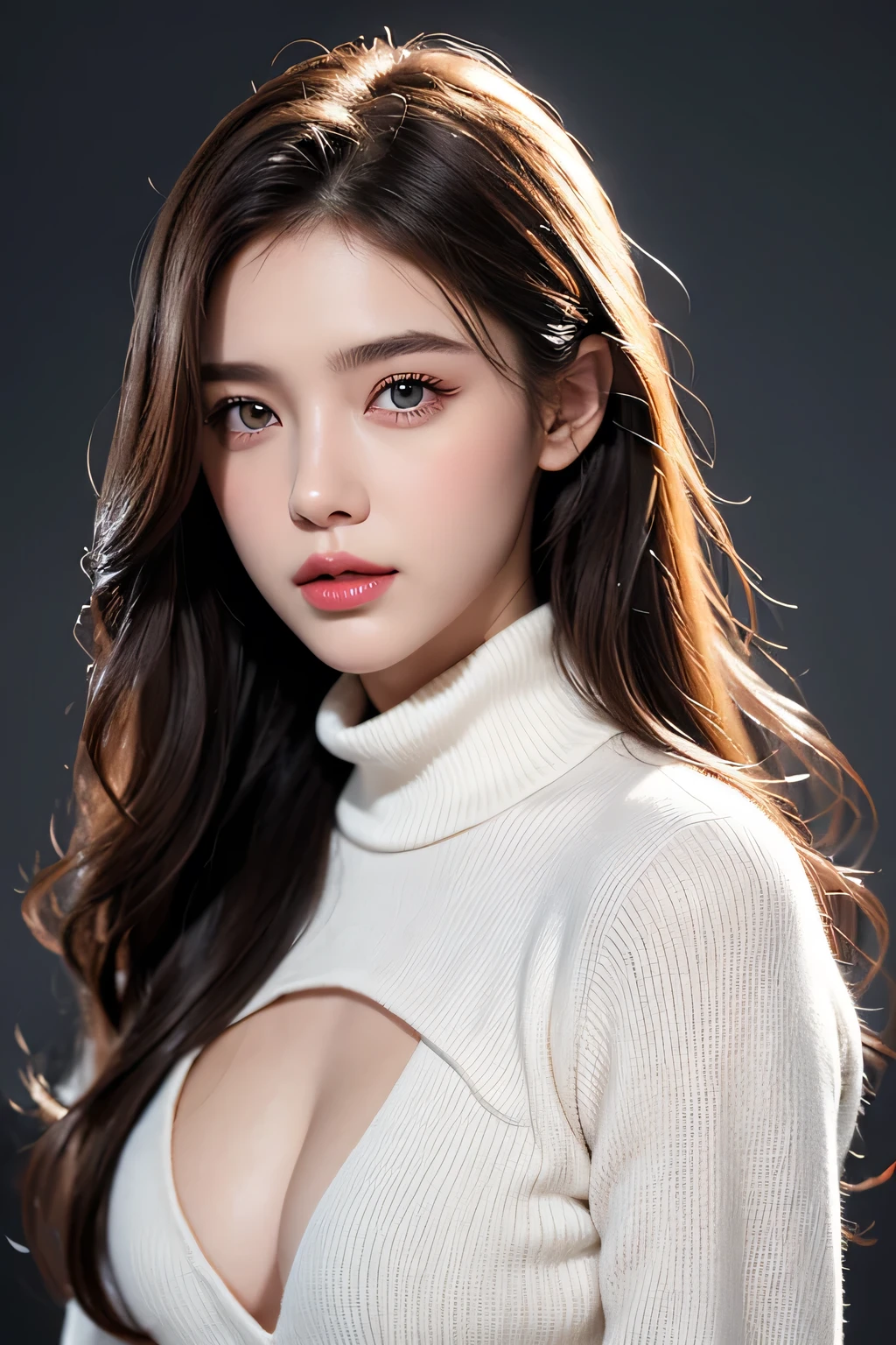 High-quality work,Realistic works,Super premium graphics,8K HD CG works,high quality graphics,High-definition and exquisite CG works,10x pixels,Ultra-fine details:1.1,Advanced technical details:1.1Realistic photo effects,Interior lighting effects:1.5,natural soft light:1.5. Light effect(Virtual light effects:1.8),Ultra-high resolution,shining dress,sliver long hair,silber hair,transparenthair,high detailed hair(Quality hair details:1.1)Clear eyes,Double eyelids look good,Sharp eye makeup, Create exquisite eyelash makeup, tthin eyebrows, Ultra-detailed eyes,a tall nose, lovely red lips, rosey cheeks, With delicate makeup on her face , pretty face, The face shape is perfectly proportioned,(Advanced facial details:1.1)1girl,solo,realistic,looking at viewer,brown hair,turtleneck,simple background,lips,sweater,portrait,closed mouth,turtleneck sweater,coat,white background,,Women's artwork,Dress full body video,Reality,Amazing Cleavage,My eyes are very bright today