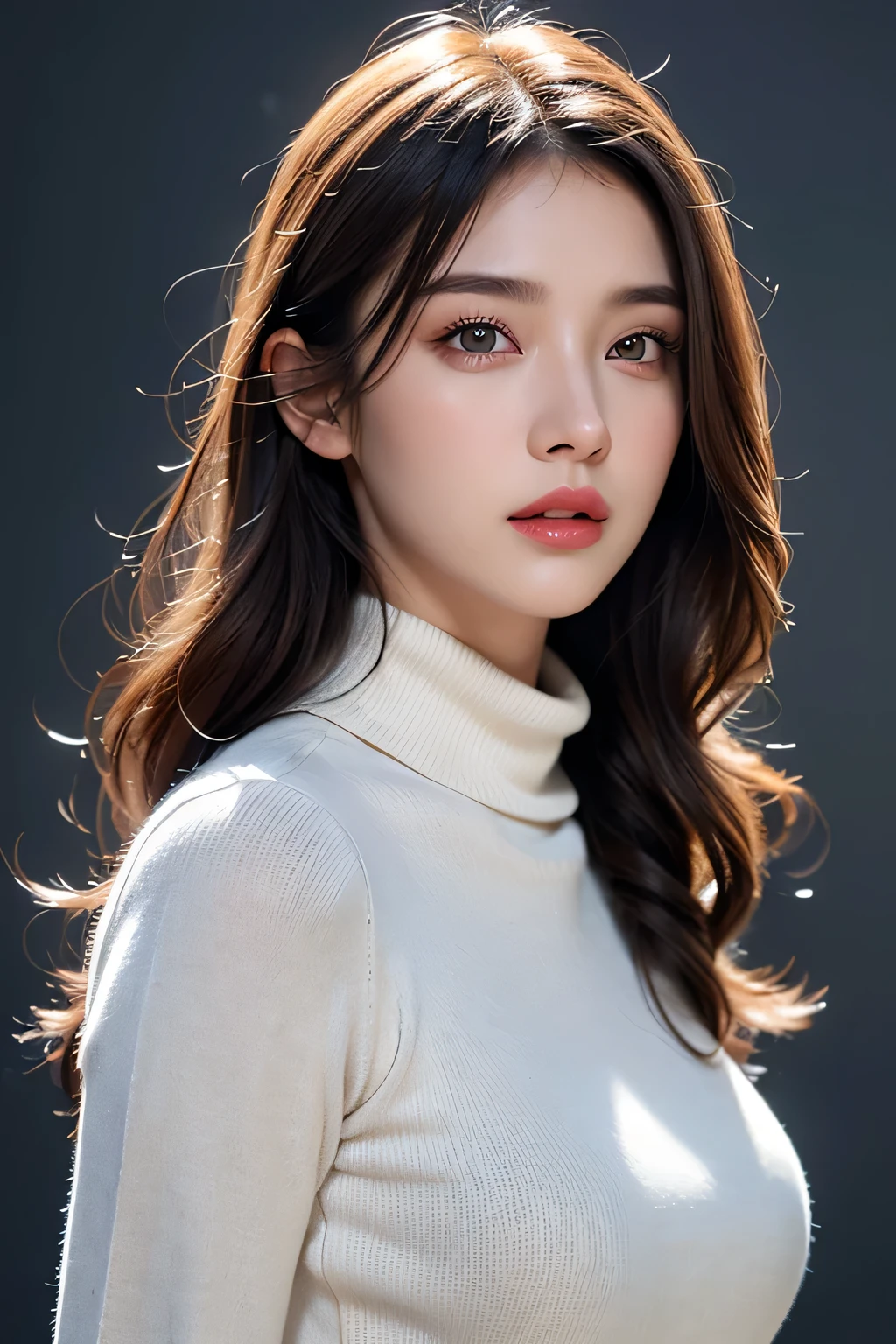 High-quality work,Realistic works,Super premium graphics,8K HD CG works,high quality graphics,High-definition and exquisite CG works,10x pixels,Ultra-fine details:1.1,Advanced technical details:1.1Realistic photo effects,Interior lighting effects:1.5,natural soft light:1.5. Light effect(Virtual light effects:1.8),Ultra-high resolution,shining dress,sliver long hair,silber hair,transparenthair,high detailed hair(Quality hair details:1.1)Clear eyes,Double eyelids look good,Sharp eye makeup, Create exquisite eyelash makeup, tthin eyebrows, Ultra-detailed eyes,a tall nose, lovely red lips, rosey cheeks, With delicate makeup on her face , pretty face, The face shape is perfectly proportioned,(Advanced facial details:1.1)1girl,solo,realistic,looking at viewer,brown hair,turtleneck,simple background,lips,sweater,portrait,closed mouth,turtleneck sweater,coat,white background,,Women's artwork,Dress full body video,Reality,Amazing Cleavage,My eyes are very bright today